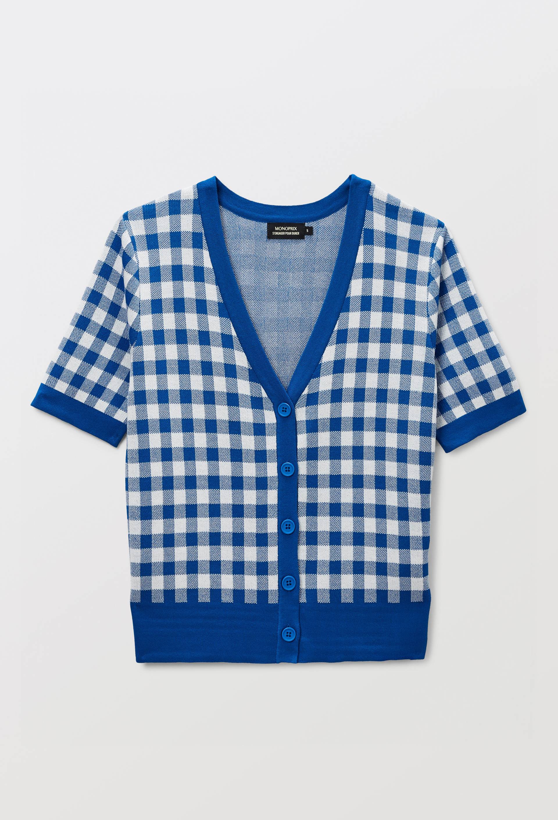 Cardigan manches courtes motif vichy, Bleu, large image number 2.0