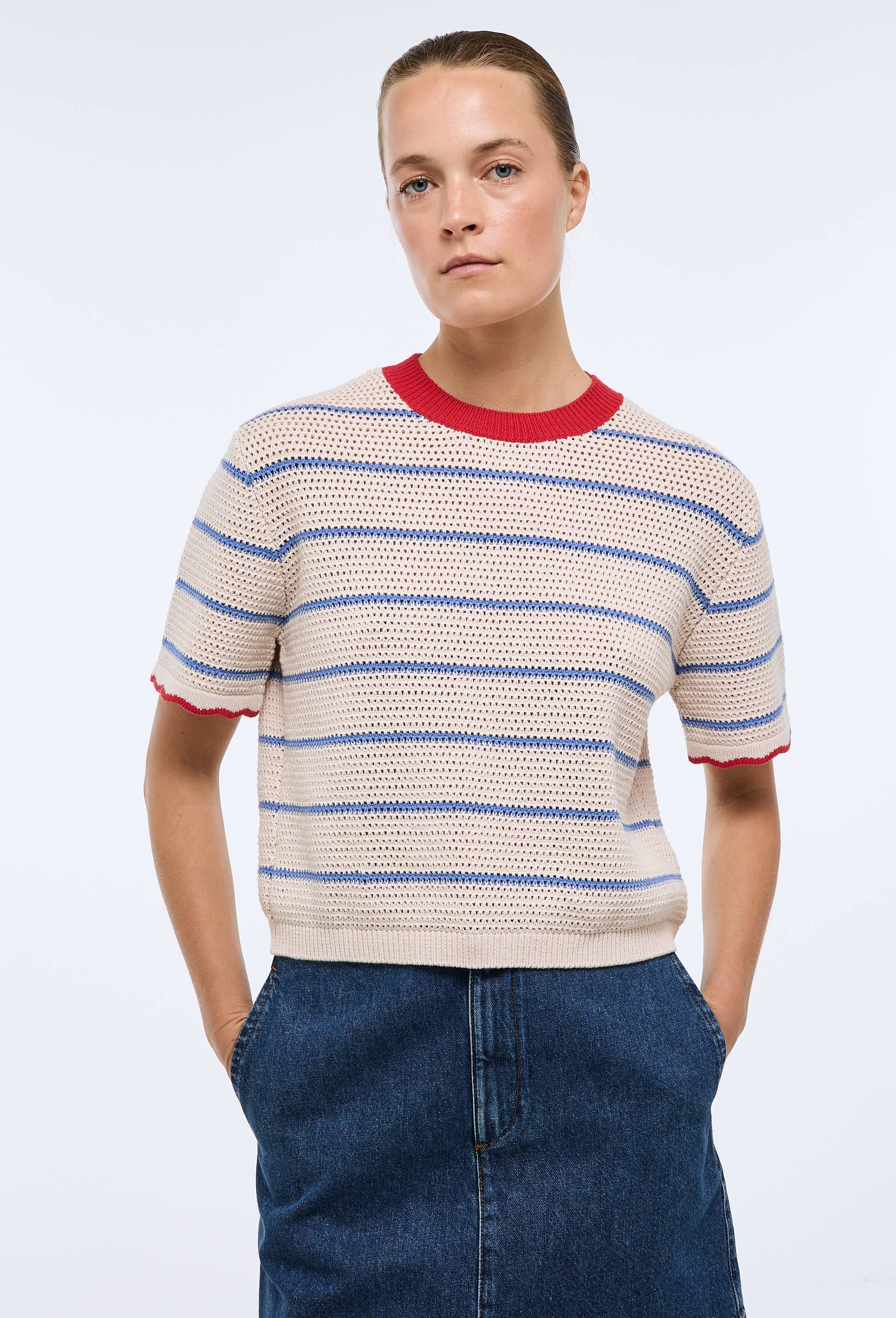 Pull manches courtes ray&eacute; en maille ajour&eacute;e en coton, Bleu, swatch image