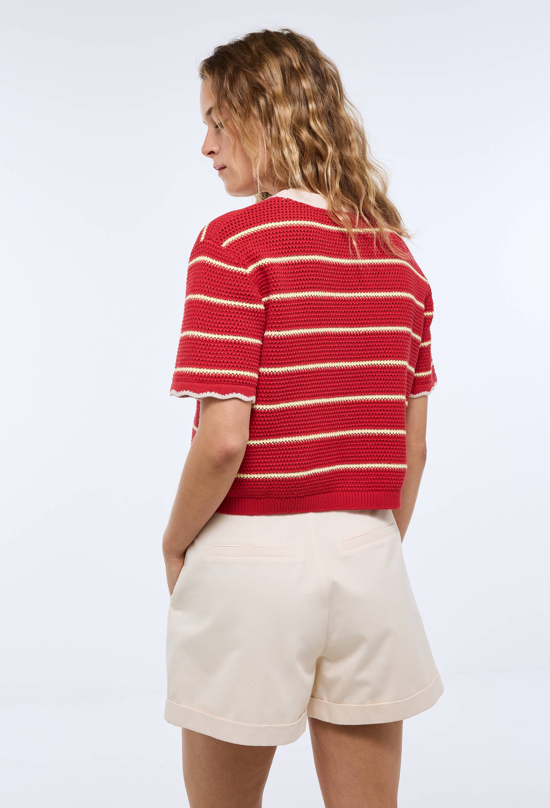 Pull manches courtes ray&eacute; en maille ajour&eacute;e en coton, Rouge, large image number 1