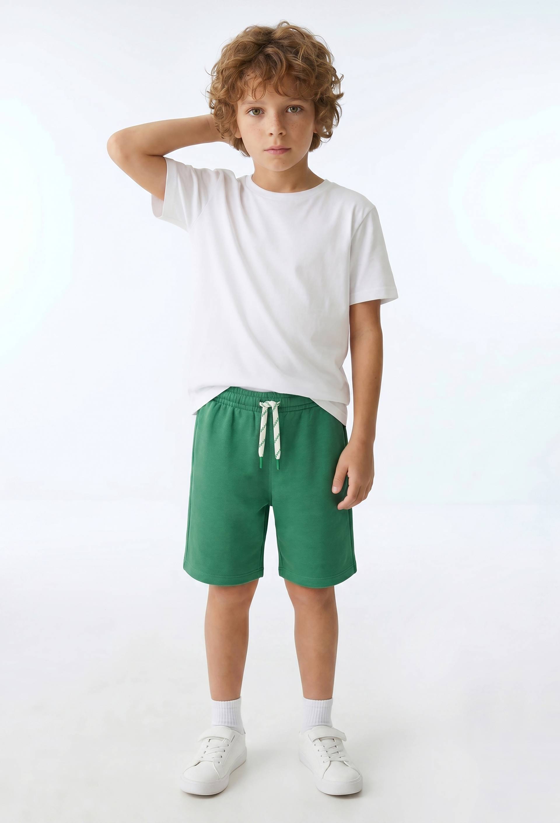 Bermuda &eacute;lastiqu&eacute; en molleton uni en coton BIO GOTS, Vert, swatch image