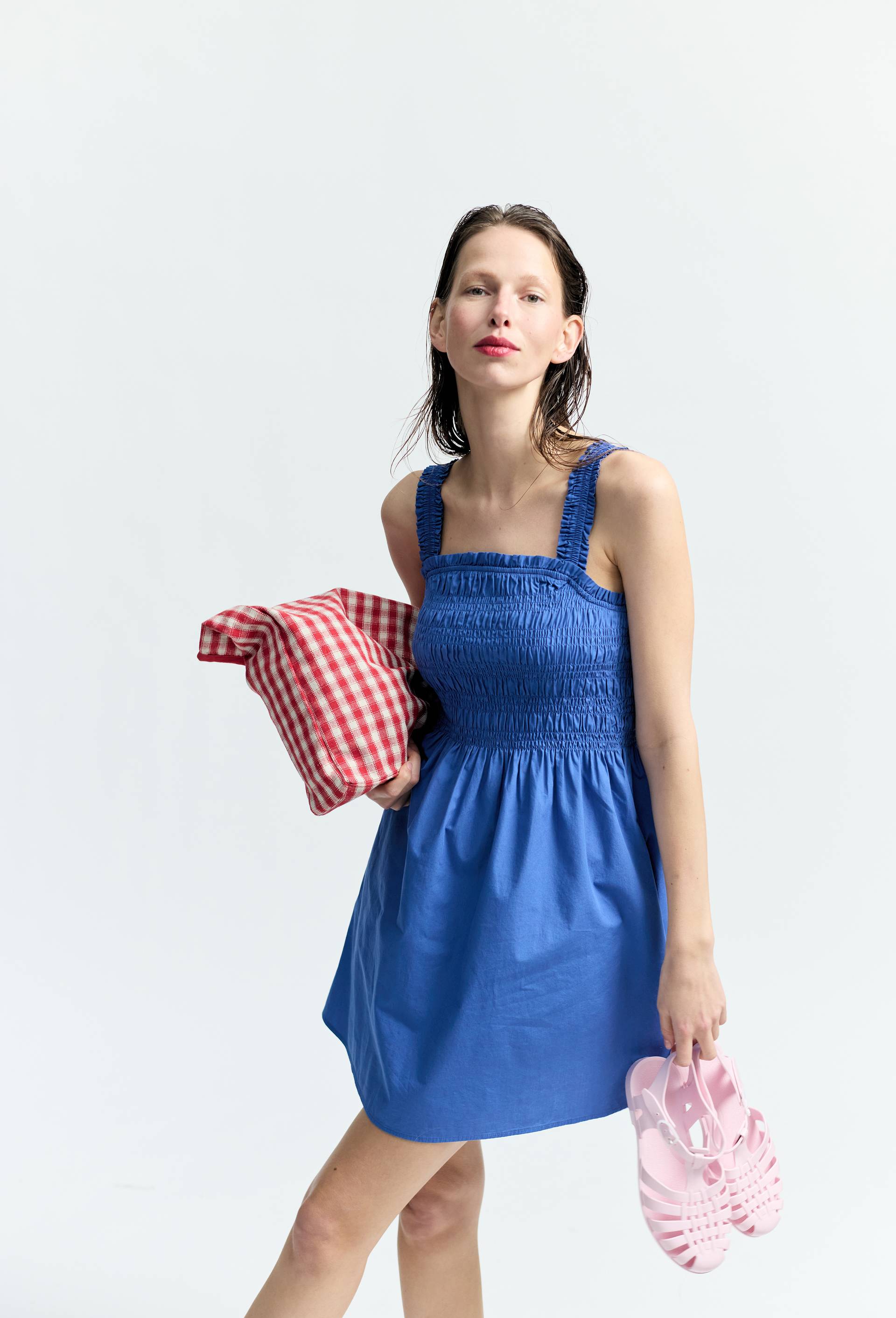 Robe courte smock&eacute;e en coton BIO GOTS, Bleu, large image number 0