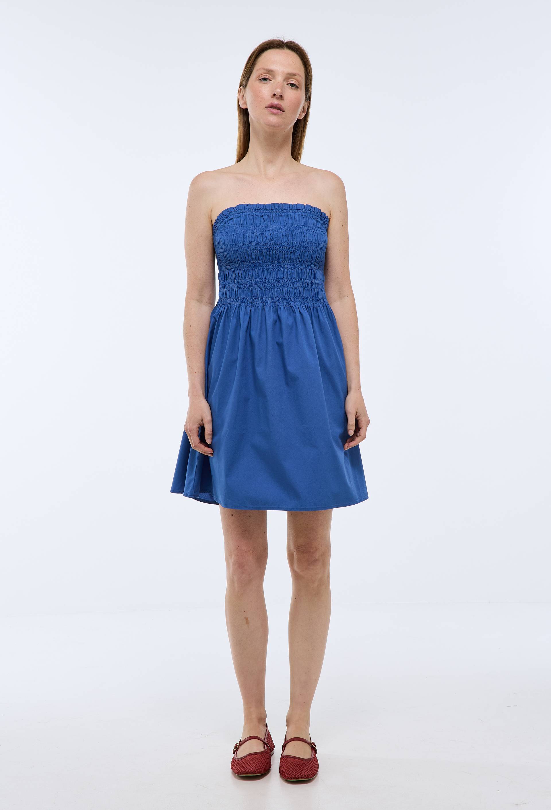 Robe courte smock&eacute;e en coton BIO GOTS, Bleu, large image number 1