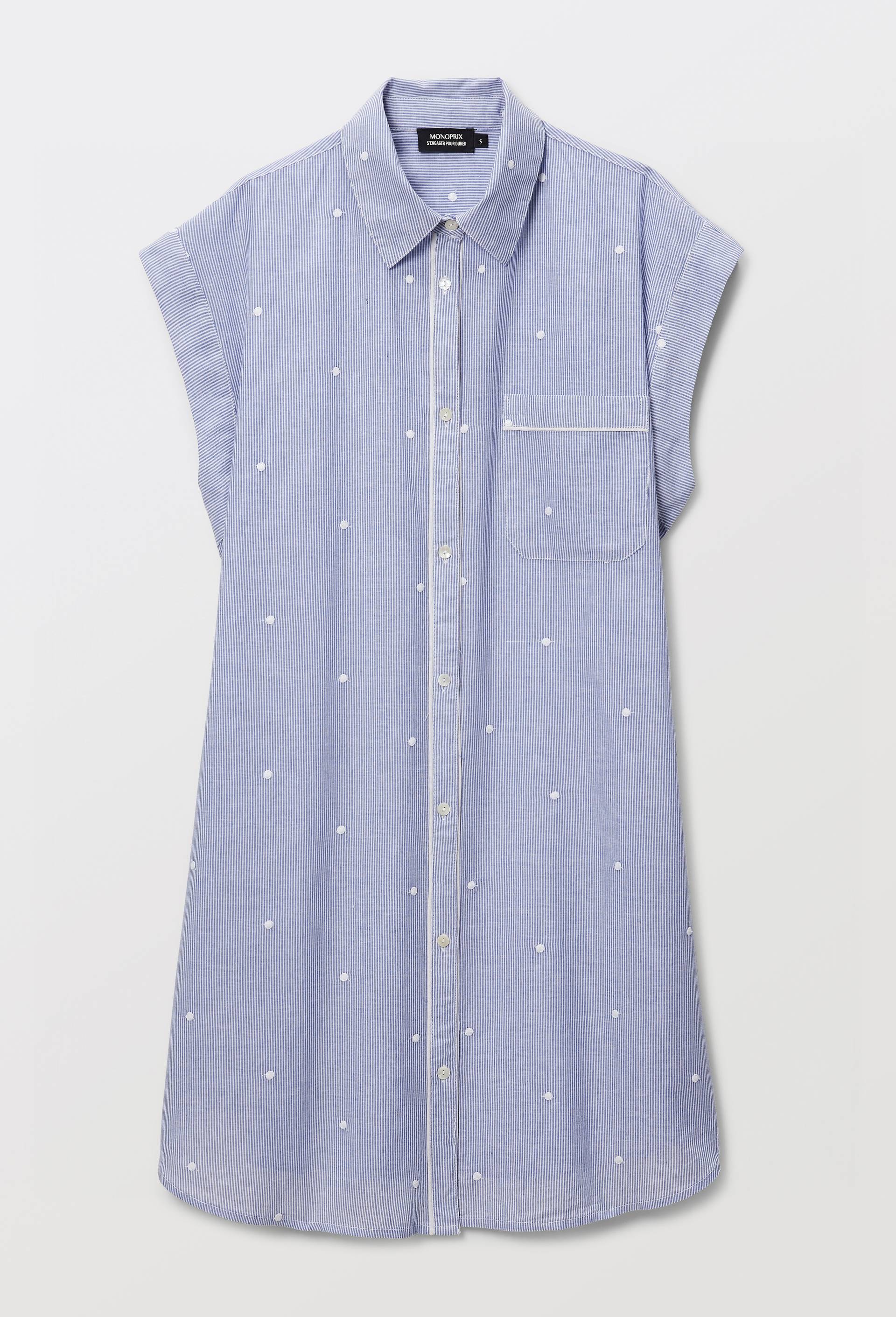 Chemise de nuit ray&eacute;e et brod&eacute;e en coton BIO GOTS, Bleu fonc&eacute;, large image number 2