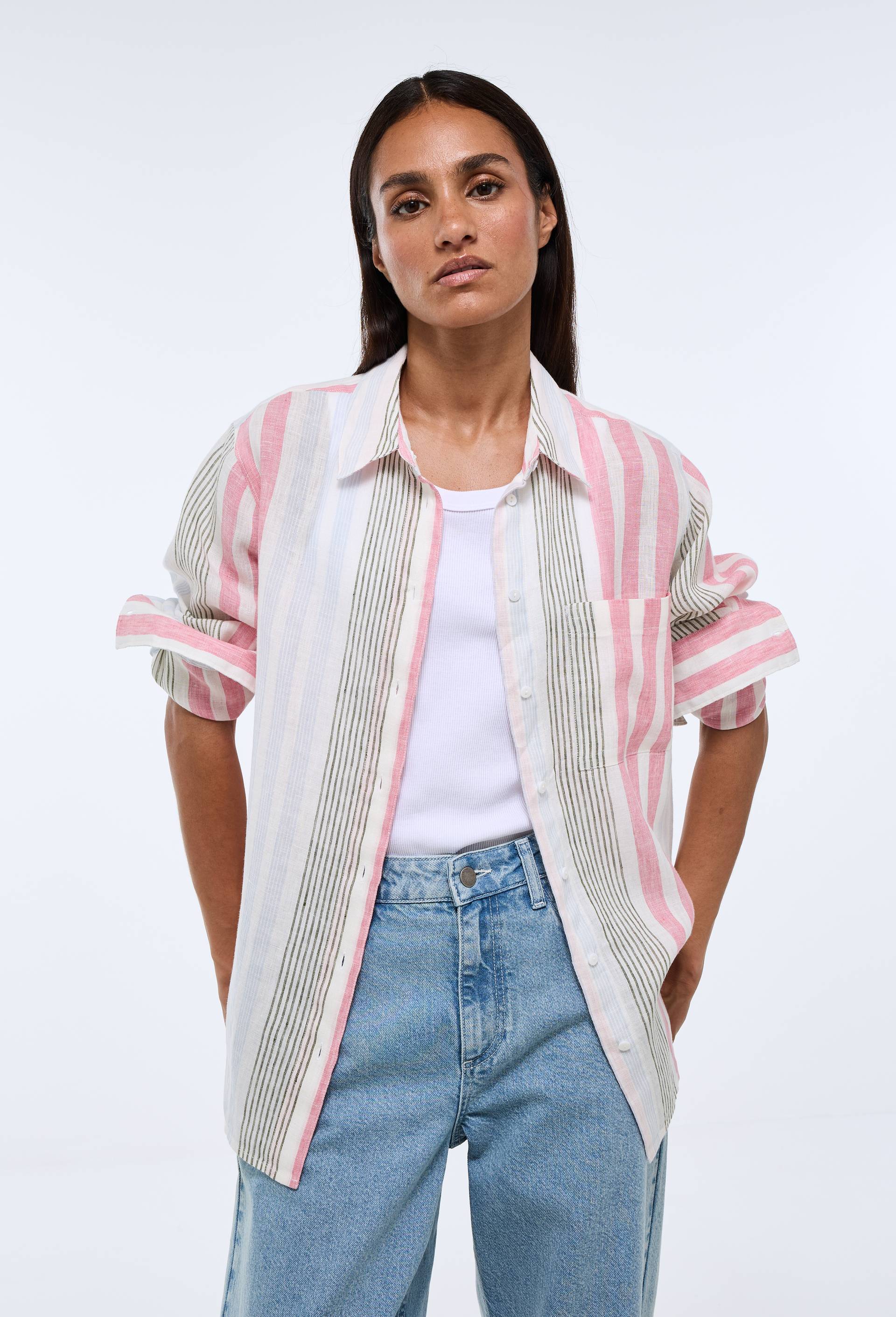 Chemise manches longues ray&eacute;e en lin, Rose, large image number 0
