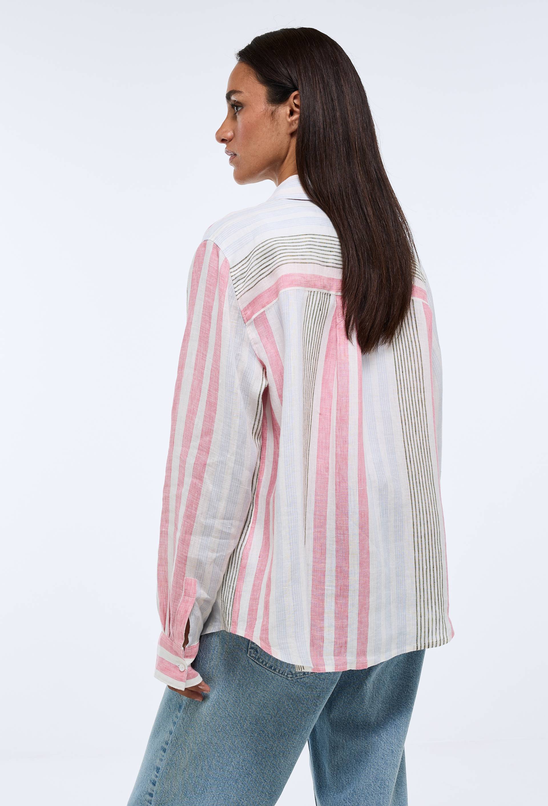 Chemise manches longues ray&eacute;e en lin, Rose, large image number 1