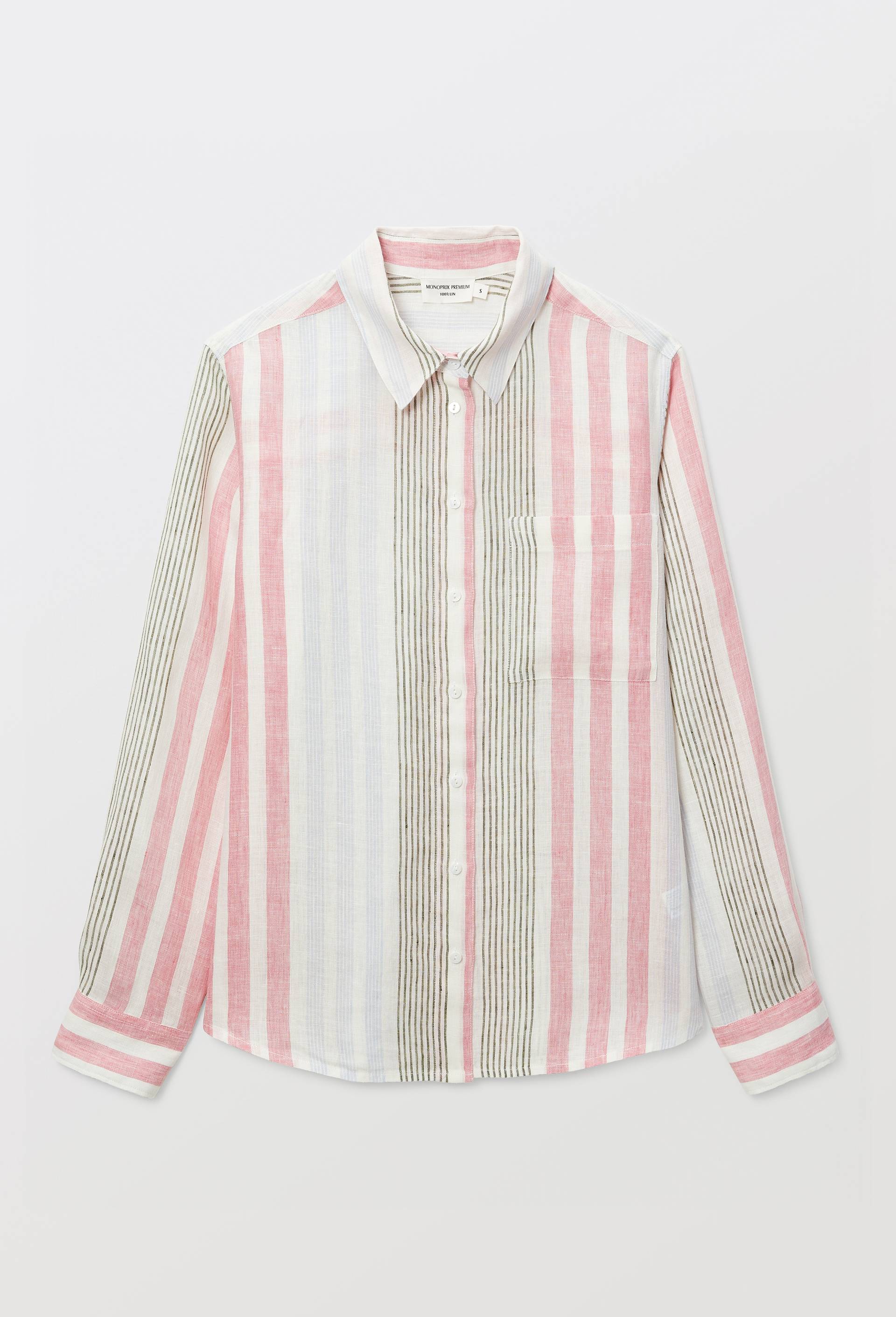 Chemise manches longues ray&eacute;e en lin, Rose, large image number 2