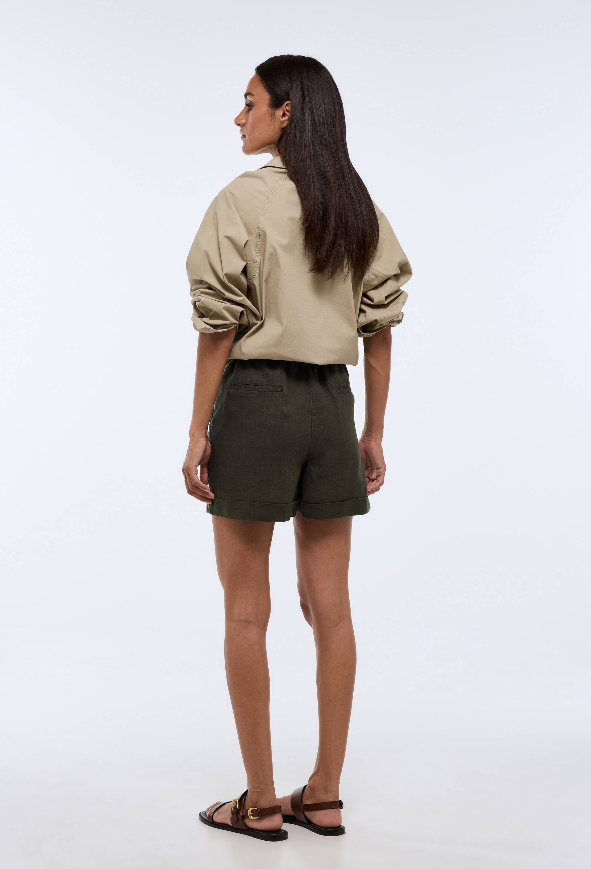 Short en lin taille elastiqu&eacute;e, Vert fonc&eacute;, large image number 1.0