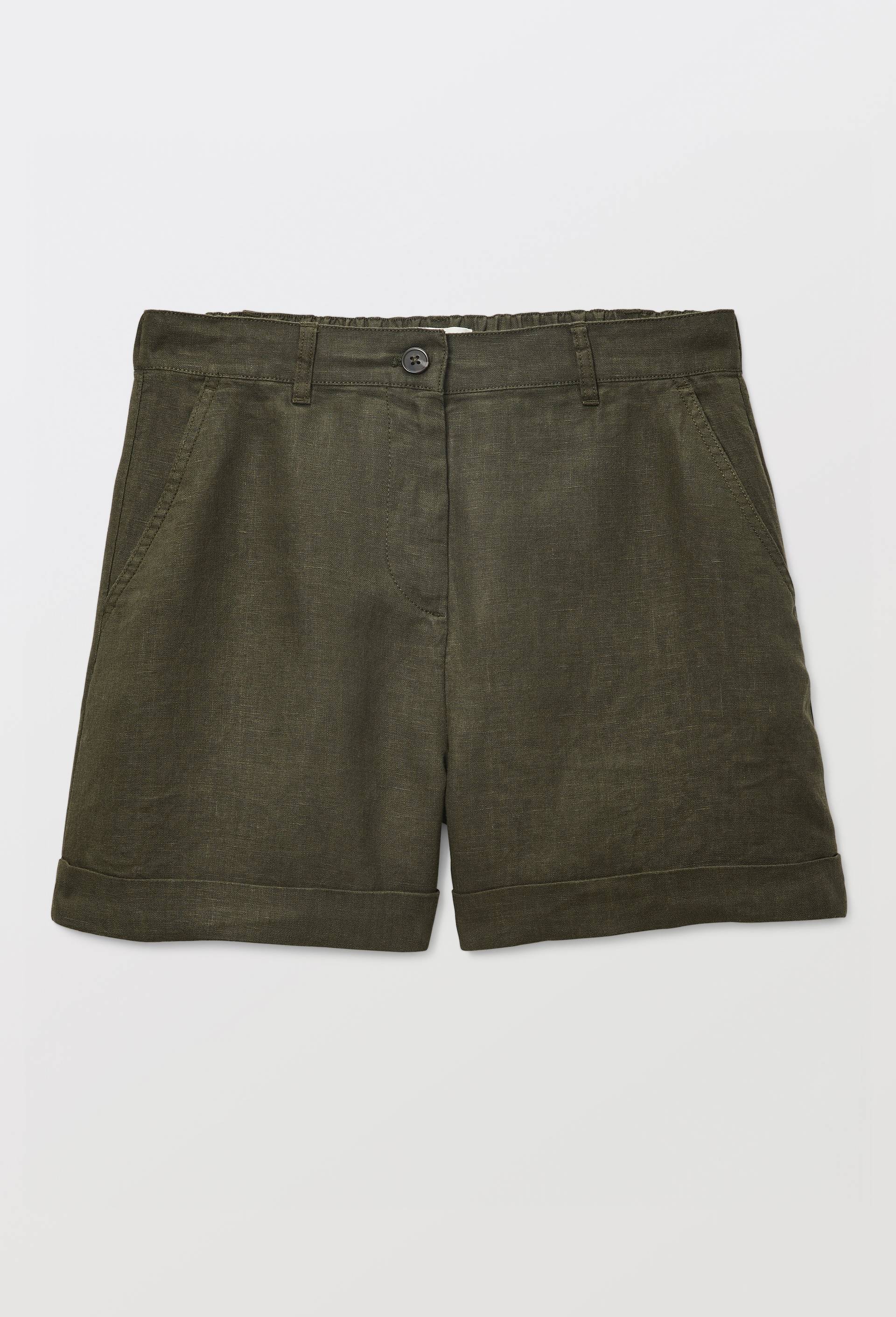 Short en lin taille elastiqu&eacute;e, Vert fonc&eacute;, large image number 2.0