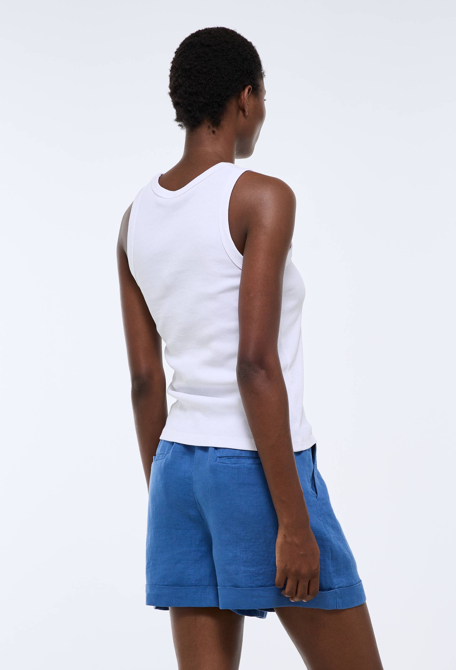 Short en lin taille elastiqu&eacute;e, Bleu, large image number 1