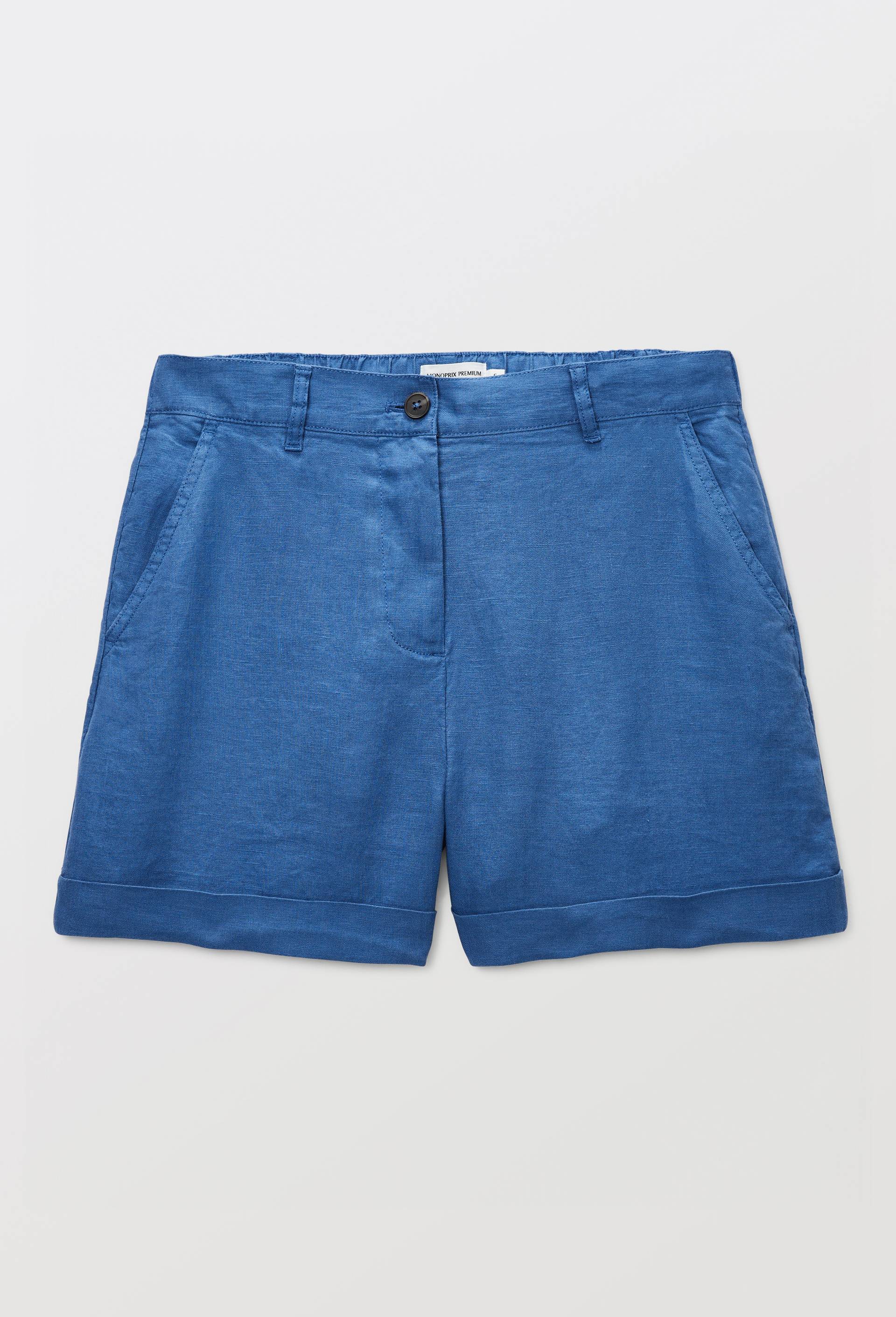 Short en lin taille elastiqu&eacute;e, Bleu, large image number 2.0