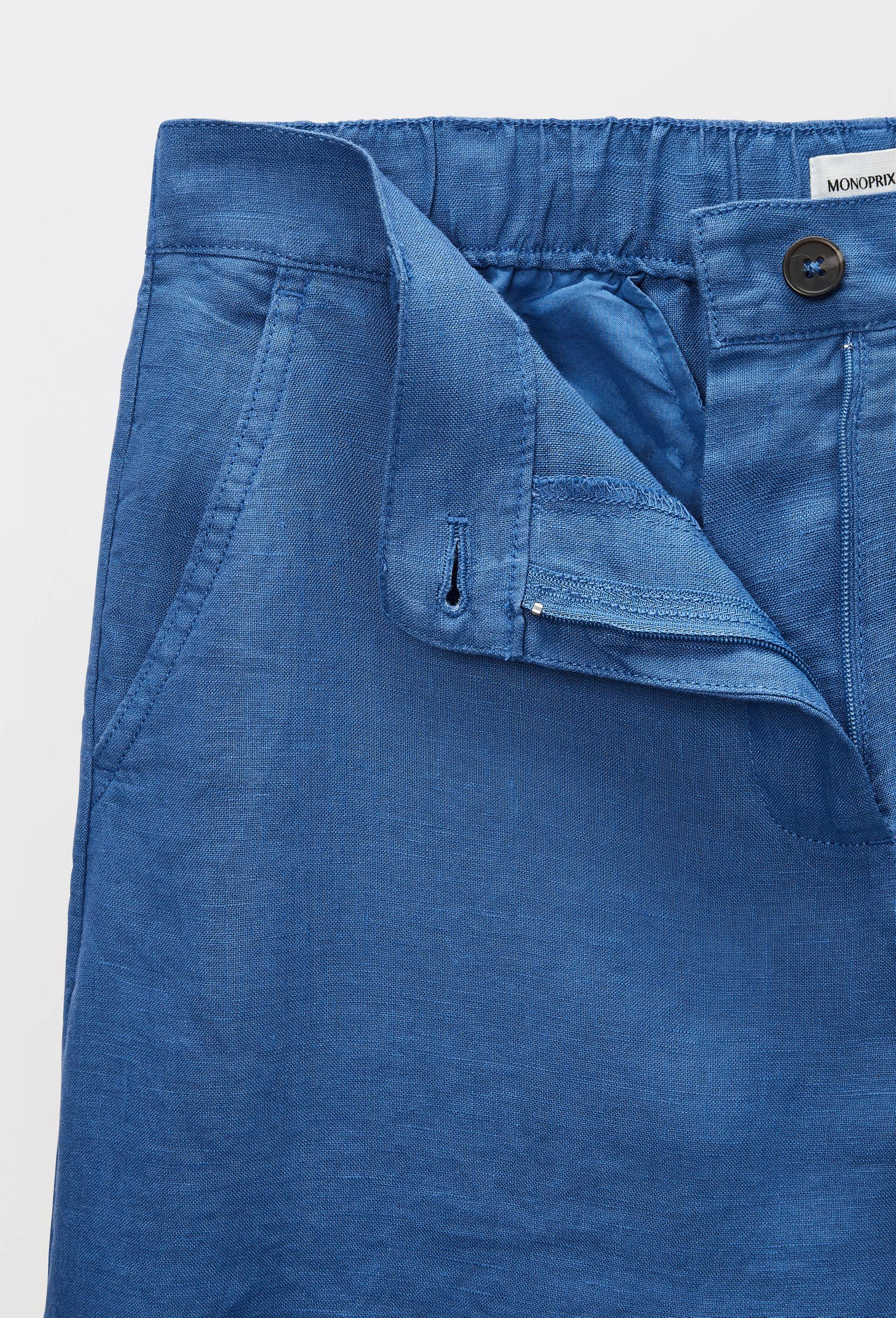 Short en lin taille elastiqu&eacute;e, Bleu, large image number 3