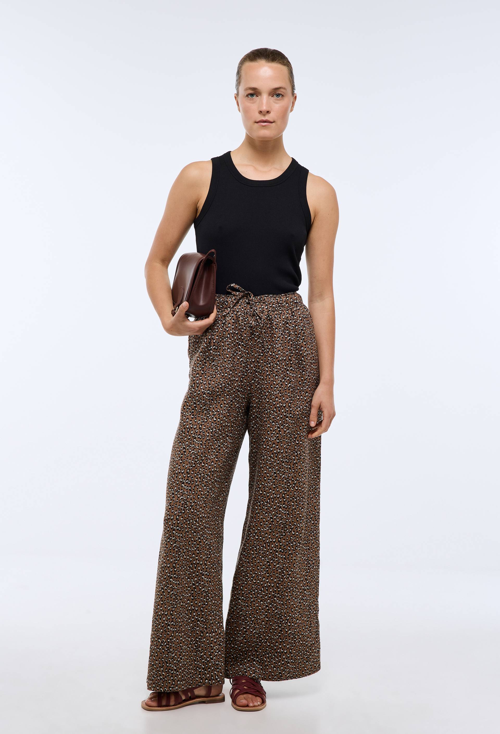 Pantalon large imprim&eacute; &agrave; taille &eacute;lastiqu&eacute;e en lin, Beige, large image number 0