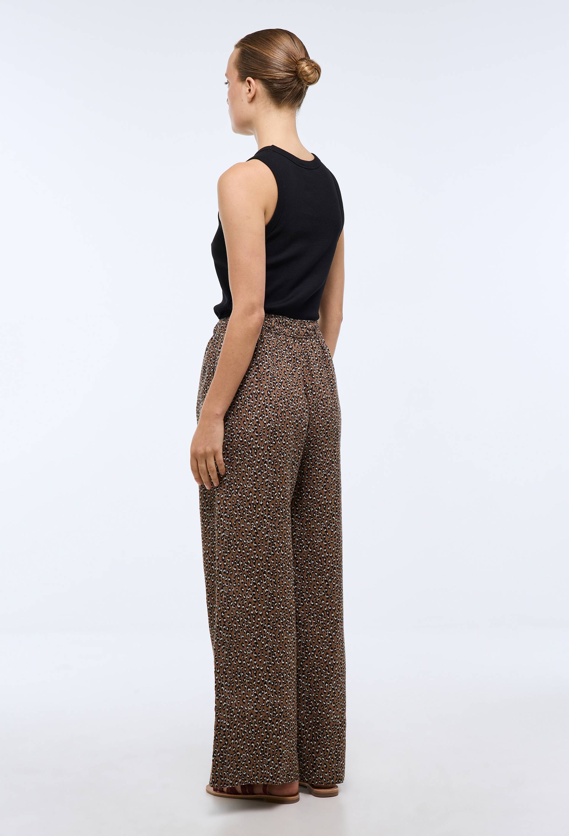 Pantalon large imprim&eacute; &agrave; taille &eacute;lastiqu&eacute;e en lin, Beige, large image number 1