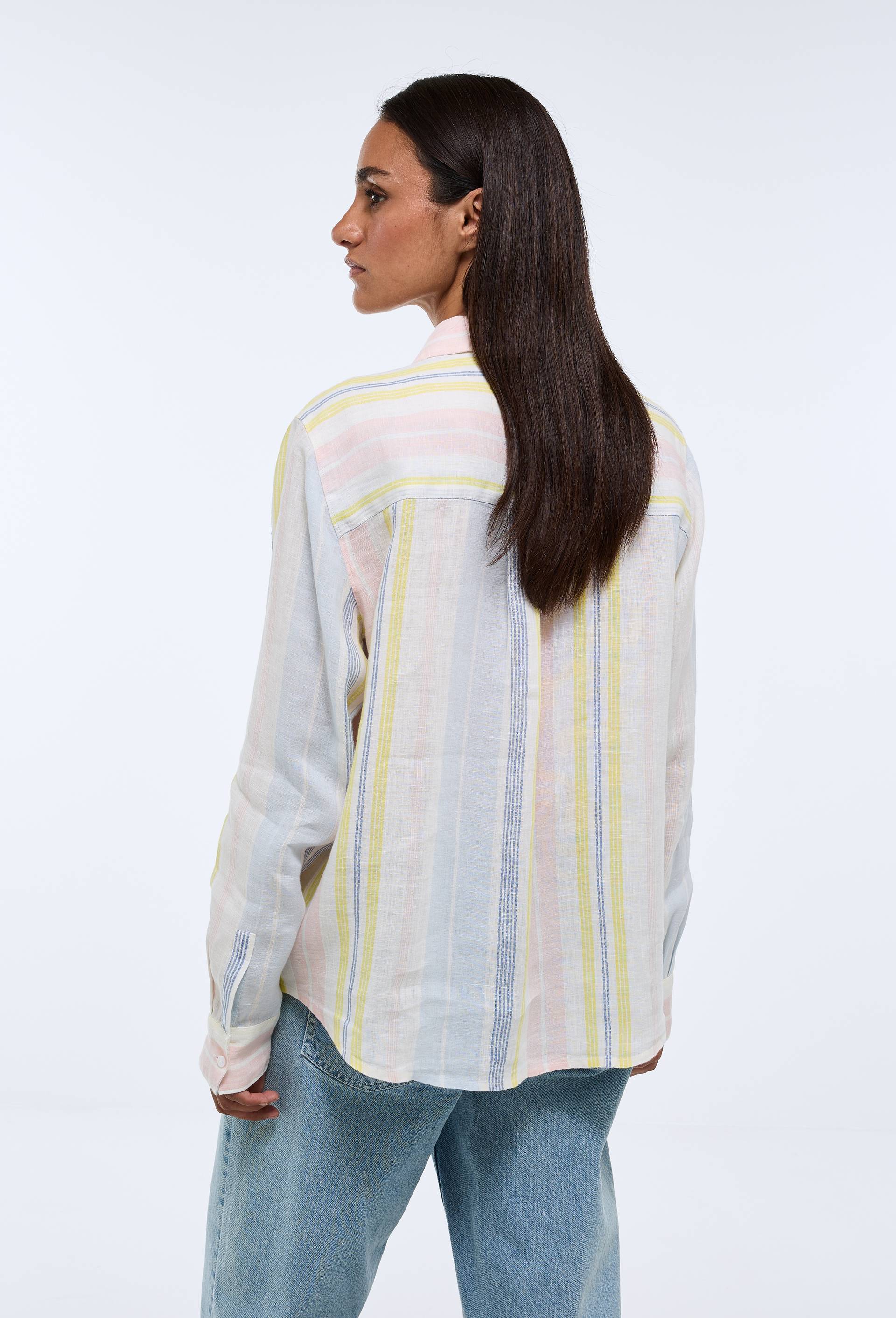 Chemise manches longues ray&eacute;e en lin, Bleu, large image number 3