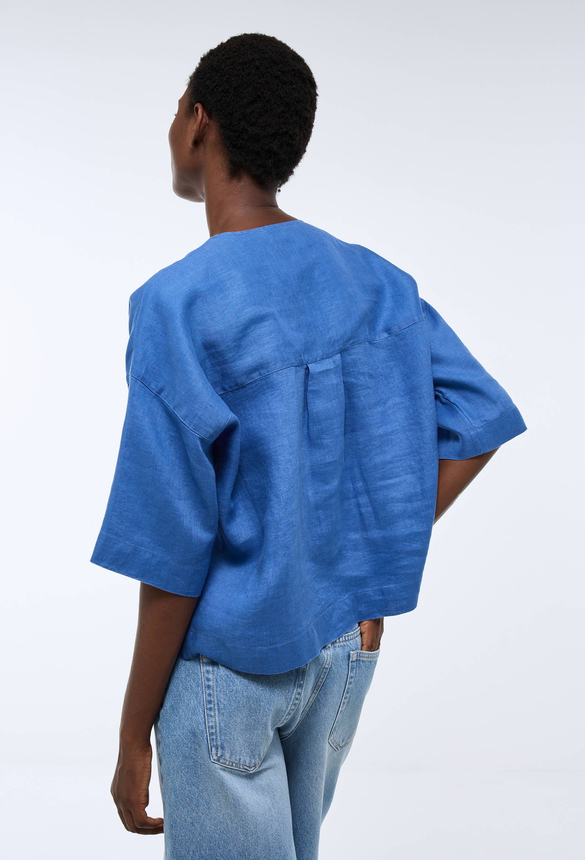 Top manches trois quarts uni en  lin, Bleu, large image number 1