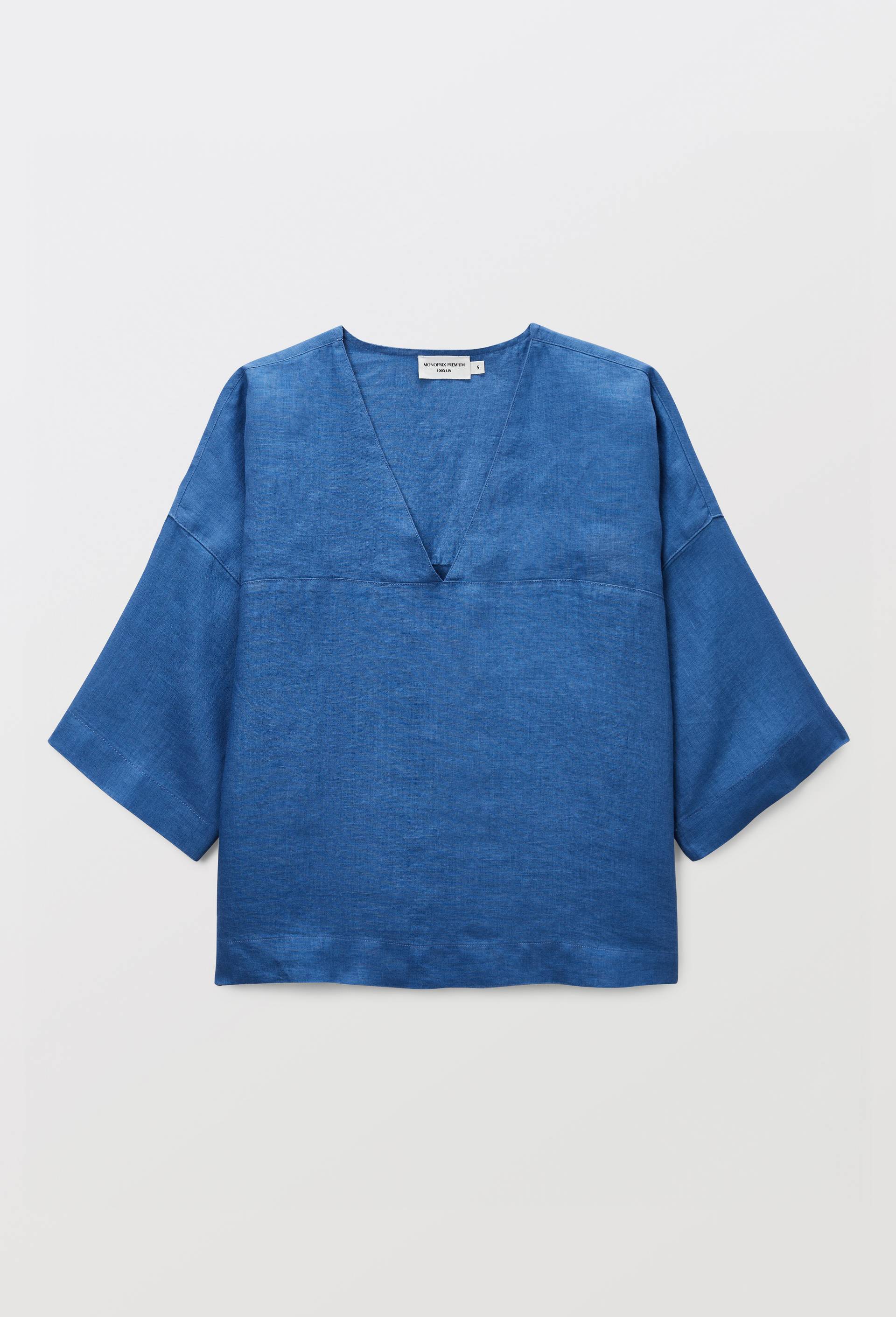 Top manches trois quarts uni en  lin, Bleu, large image number 2