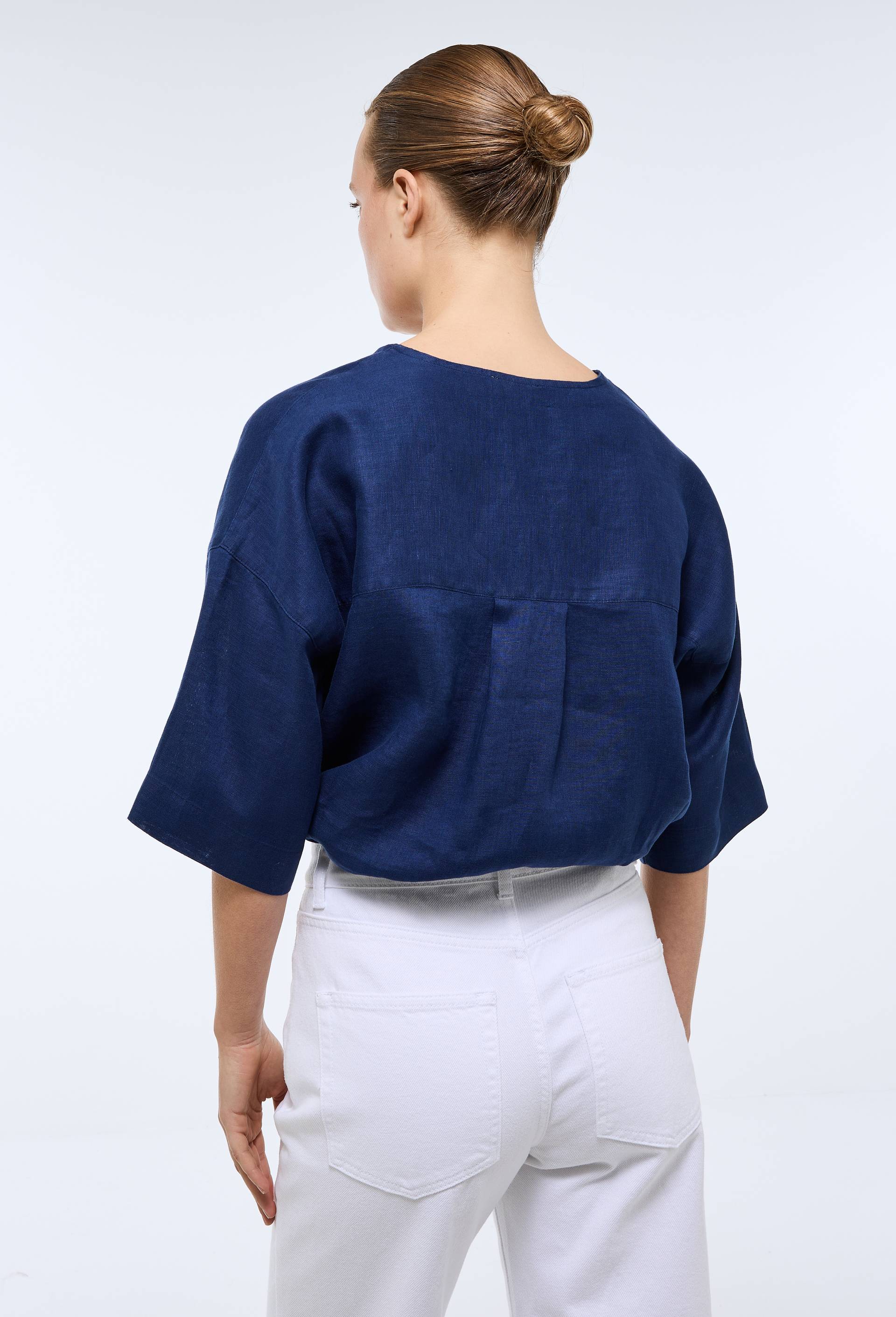 Top manches trois quarts uni en  lin, Bleu fonc&eacute;, large image number 1