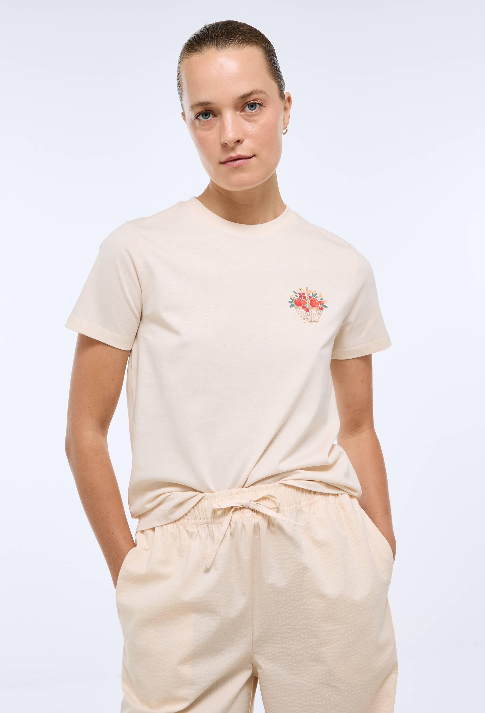T-shirt &agrave; manches courtes avec imprim&eacute; plac&eacute;, Beige clair, large image number 0