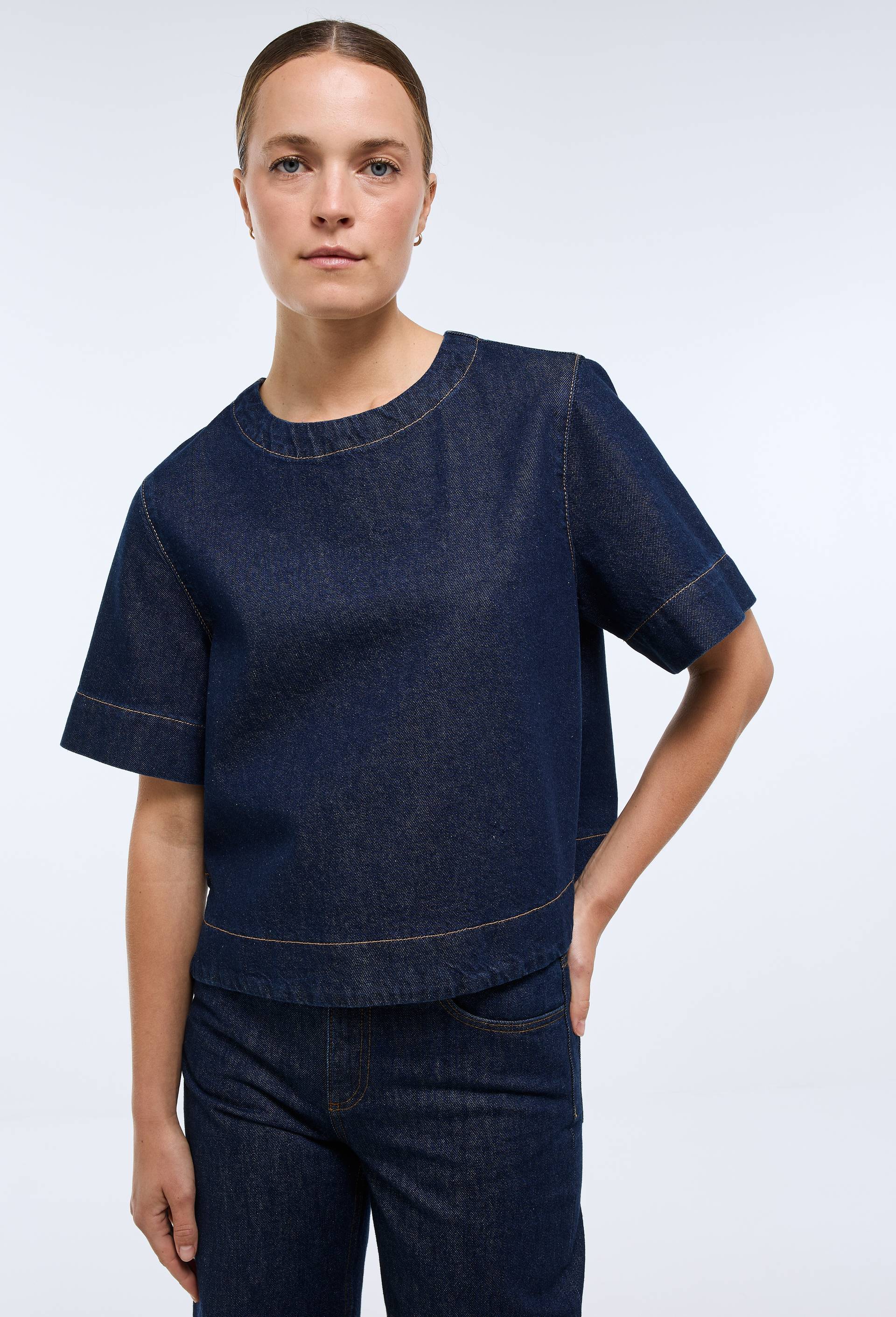 Top manches courtes d&eacute;tails dos en jean, Bleu fonc&eacute;, swatch image
