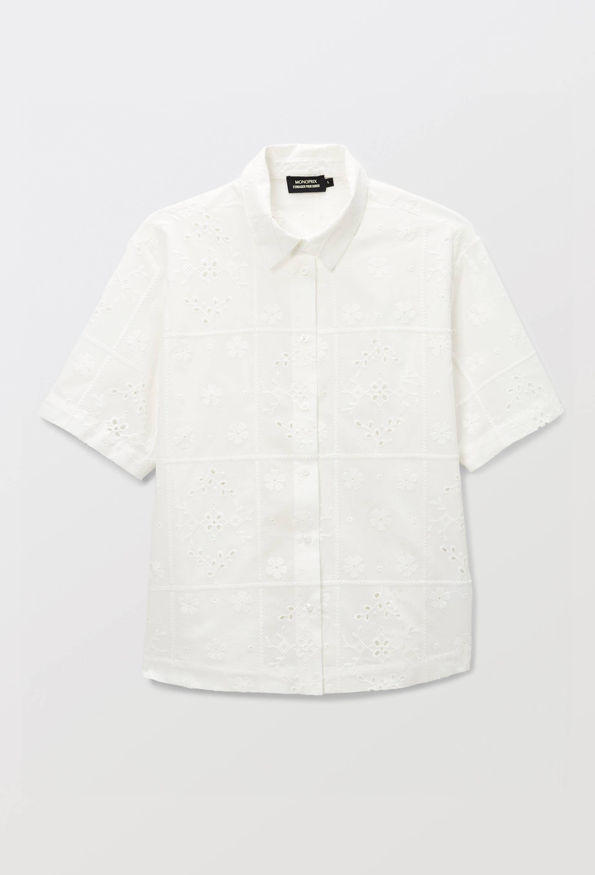 Chemise manches courtes brod&eacute;e, Blanc, large image number 2.0