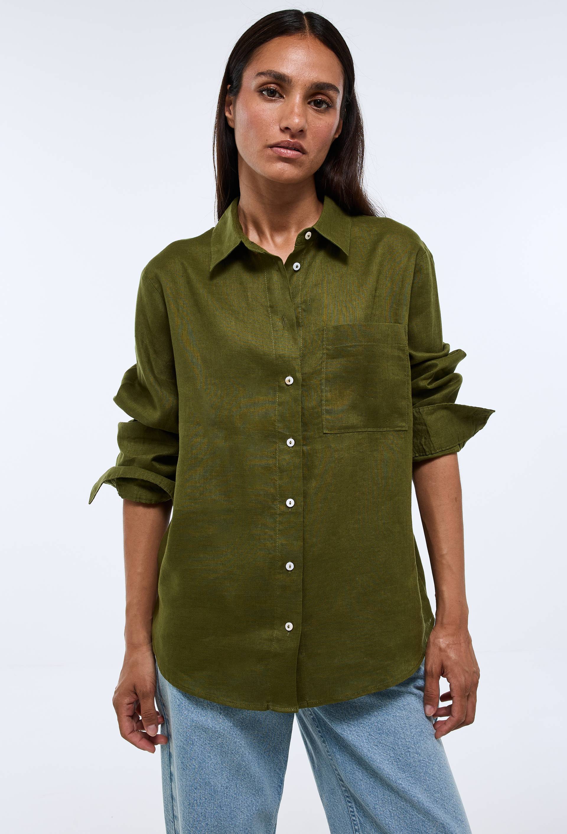 Chemise manches longues unie en lin, Vert fonc&eacute;, large image number 0