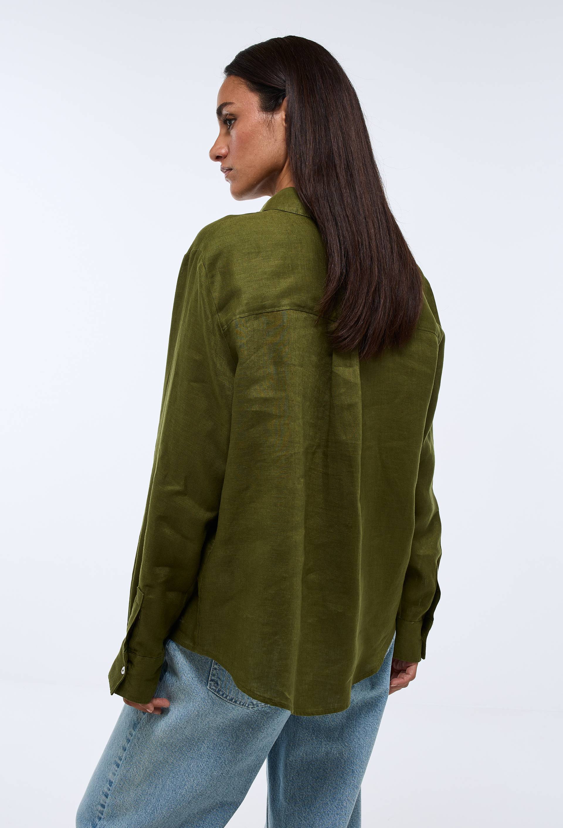 Chemise manches longues unie en lin, Vert fonc&eacute;, large image number 1