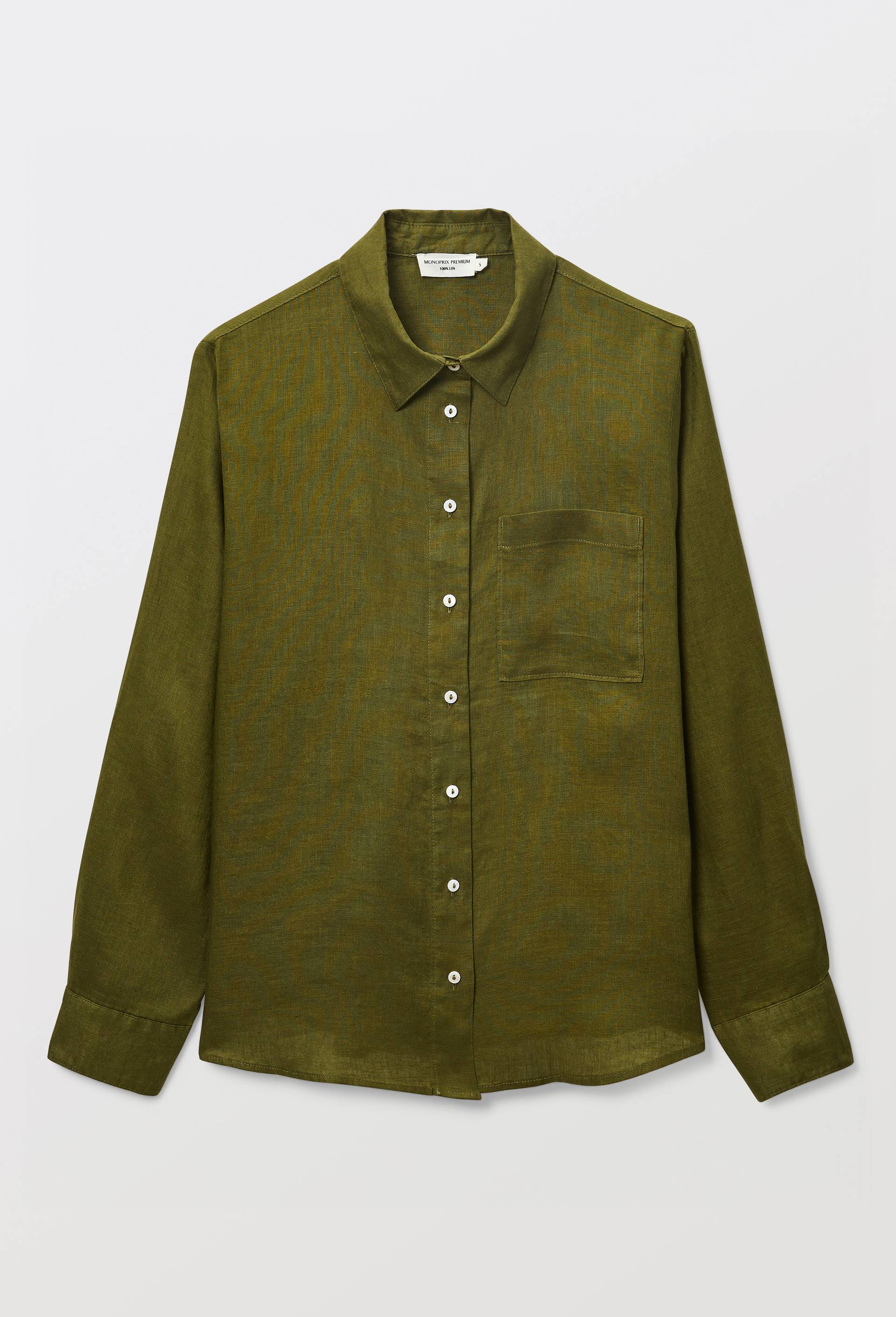 Chemise manches longues unie en lin, Vert fonc&eacute;, large image number 2.0