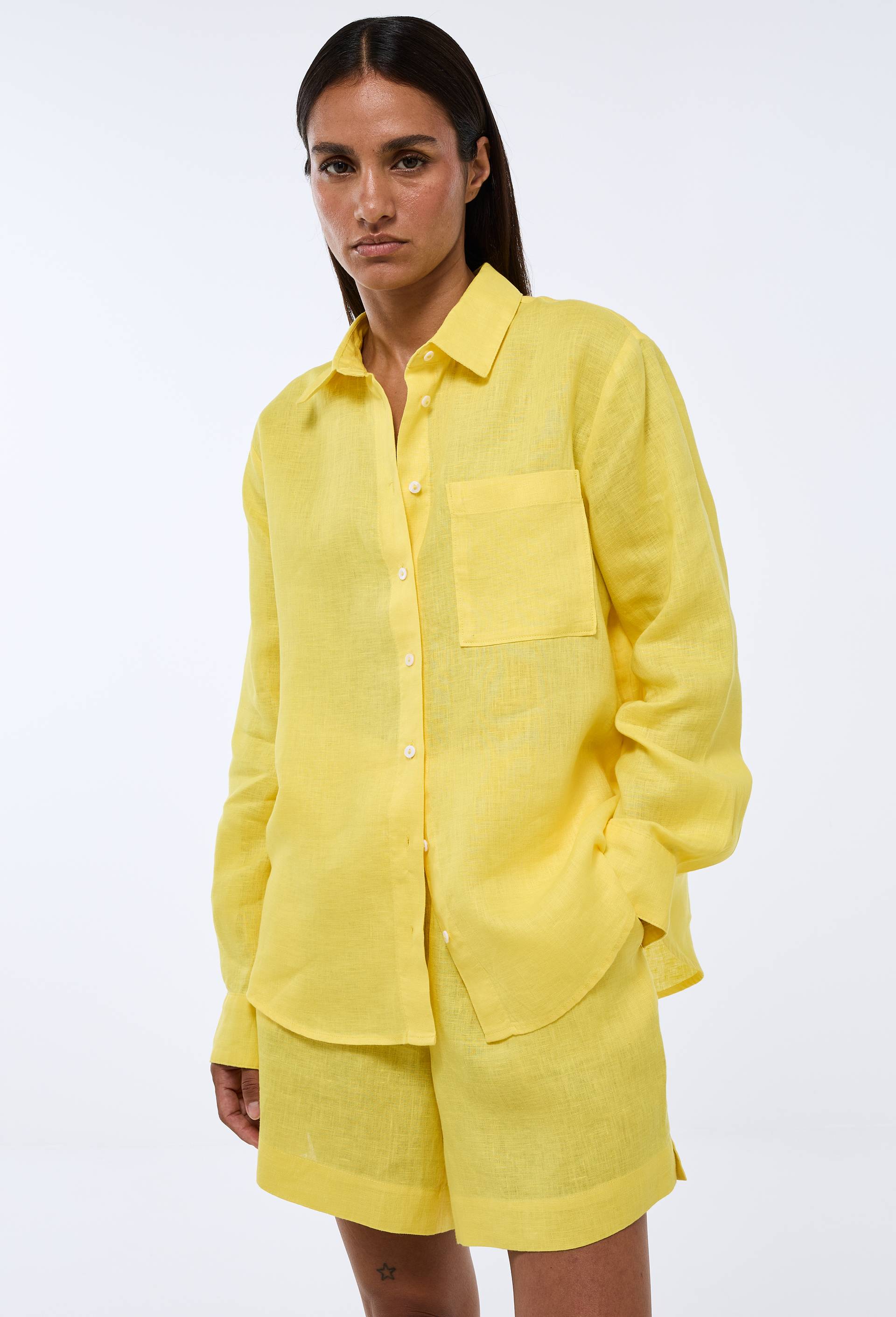 Chemise manches longues unie en lin, Jaune, large image number 0