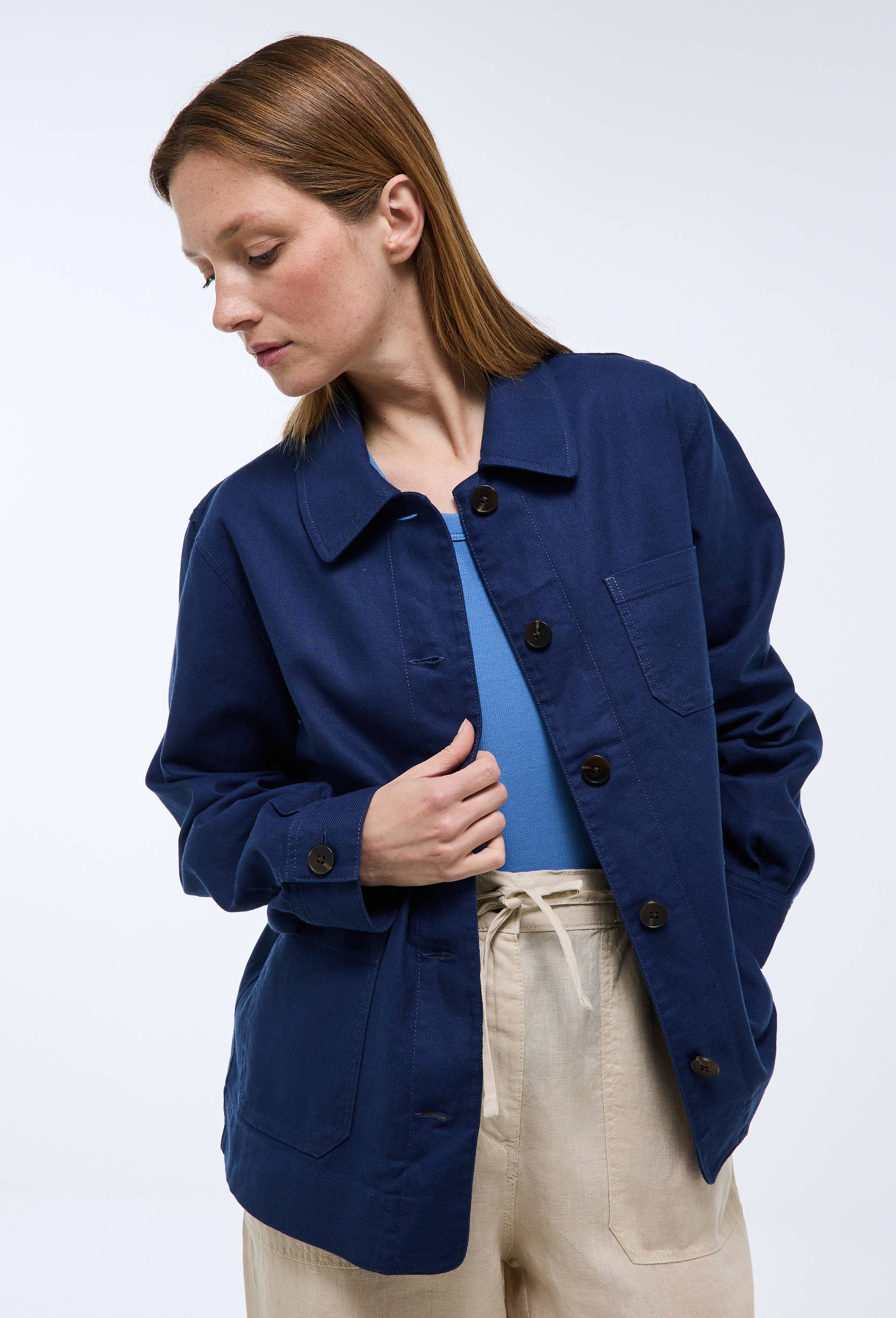 Veste courte contenant du lin, Bleu fonc&eacute;, large image number 0