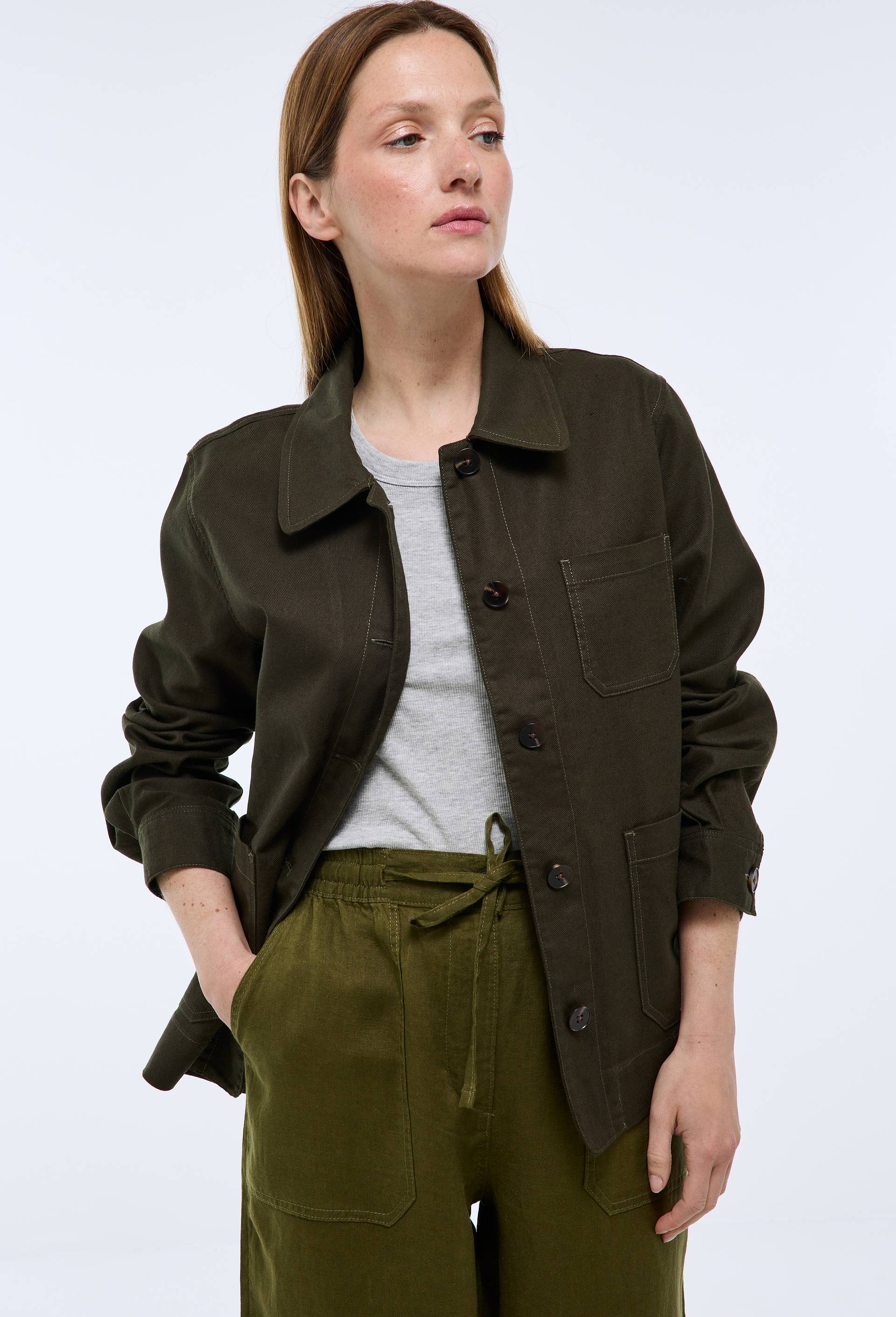 Veste courte contenant du lin, Vert fonc&eacute;, large image number 0