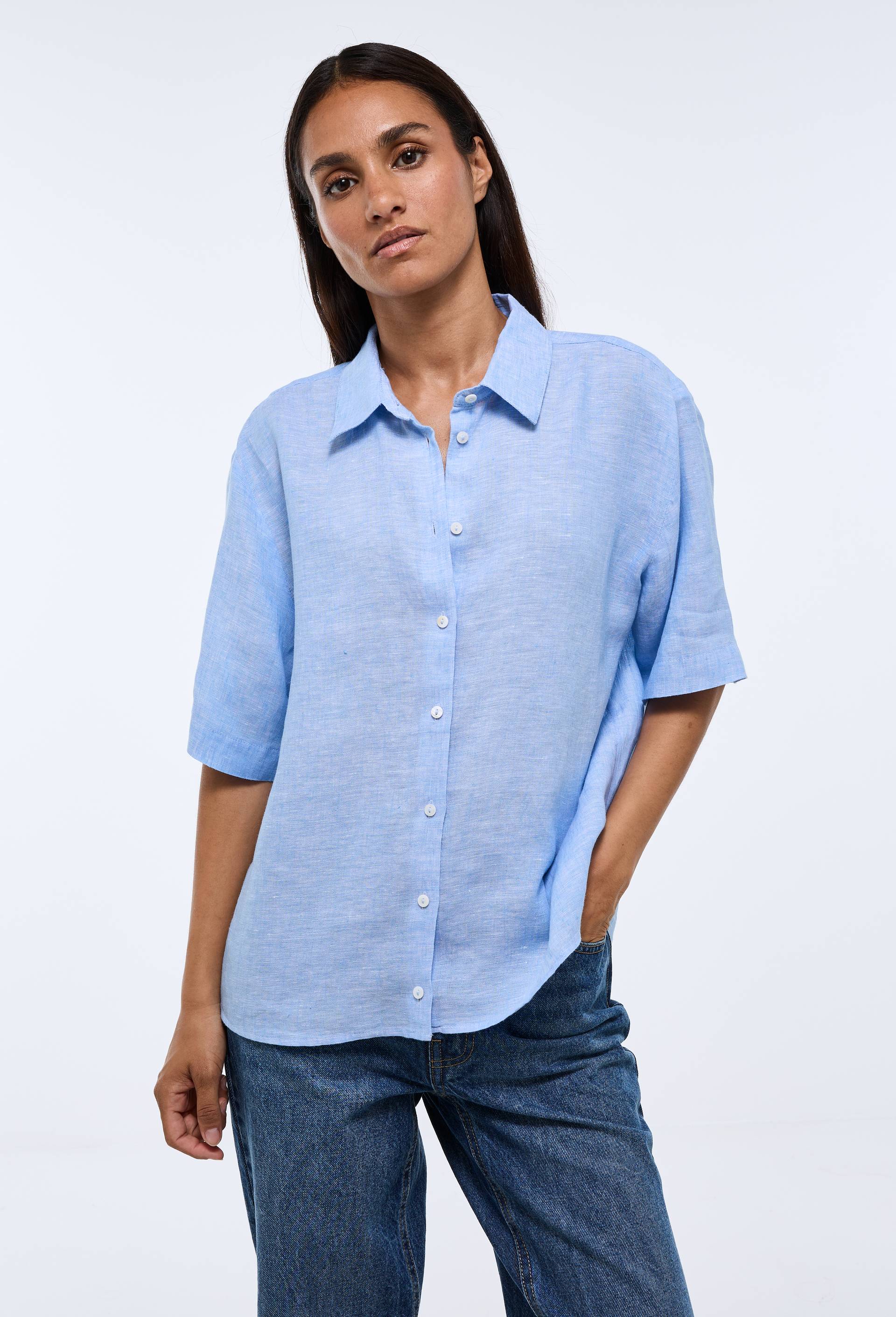 Chemise manches courtes unie en lin, Bleu clair, large image number 0