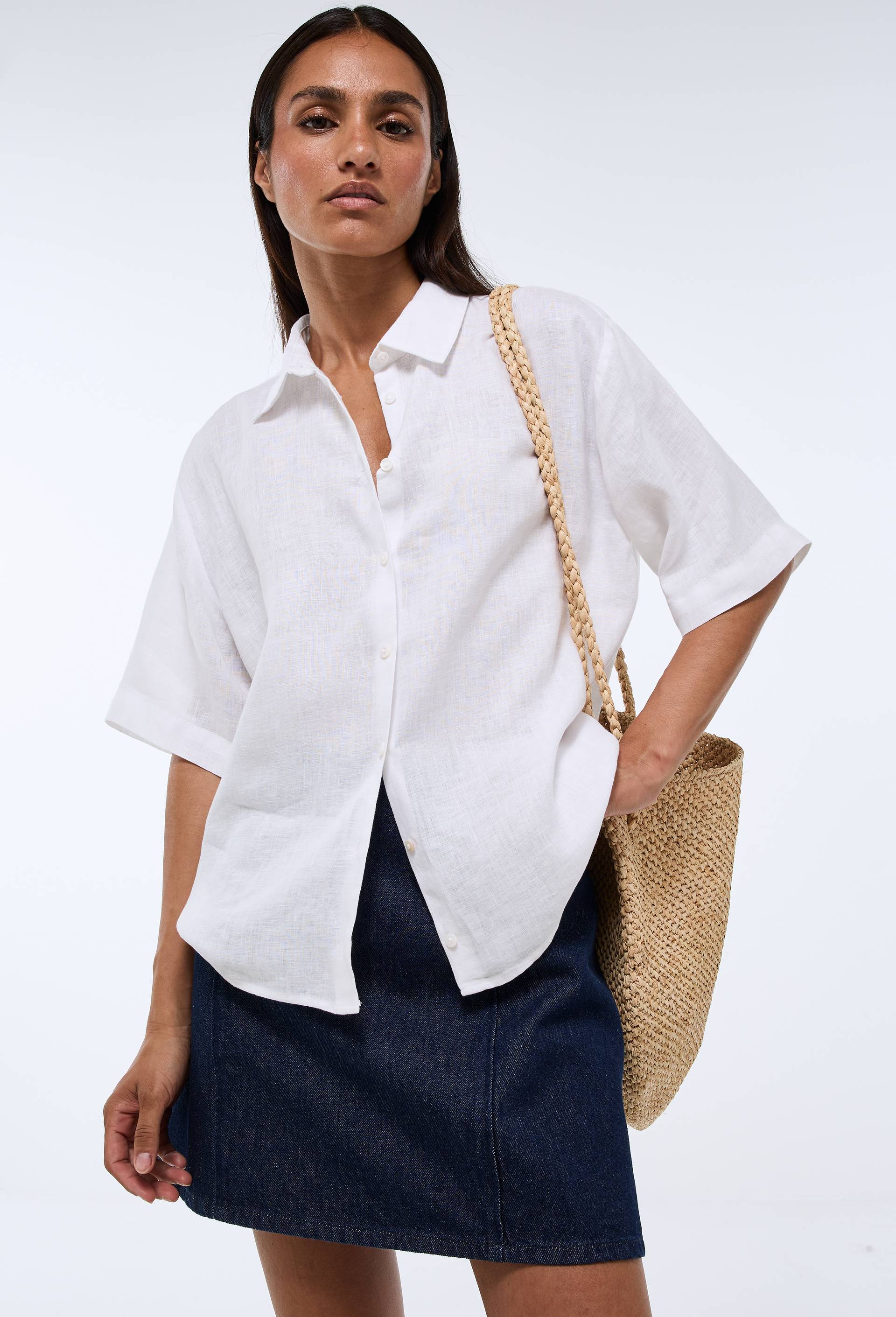 Chemise manches courtes unie en lin, Blanc, large image number 0.0