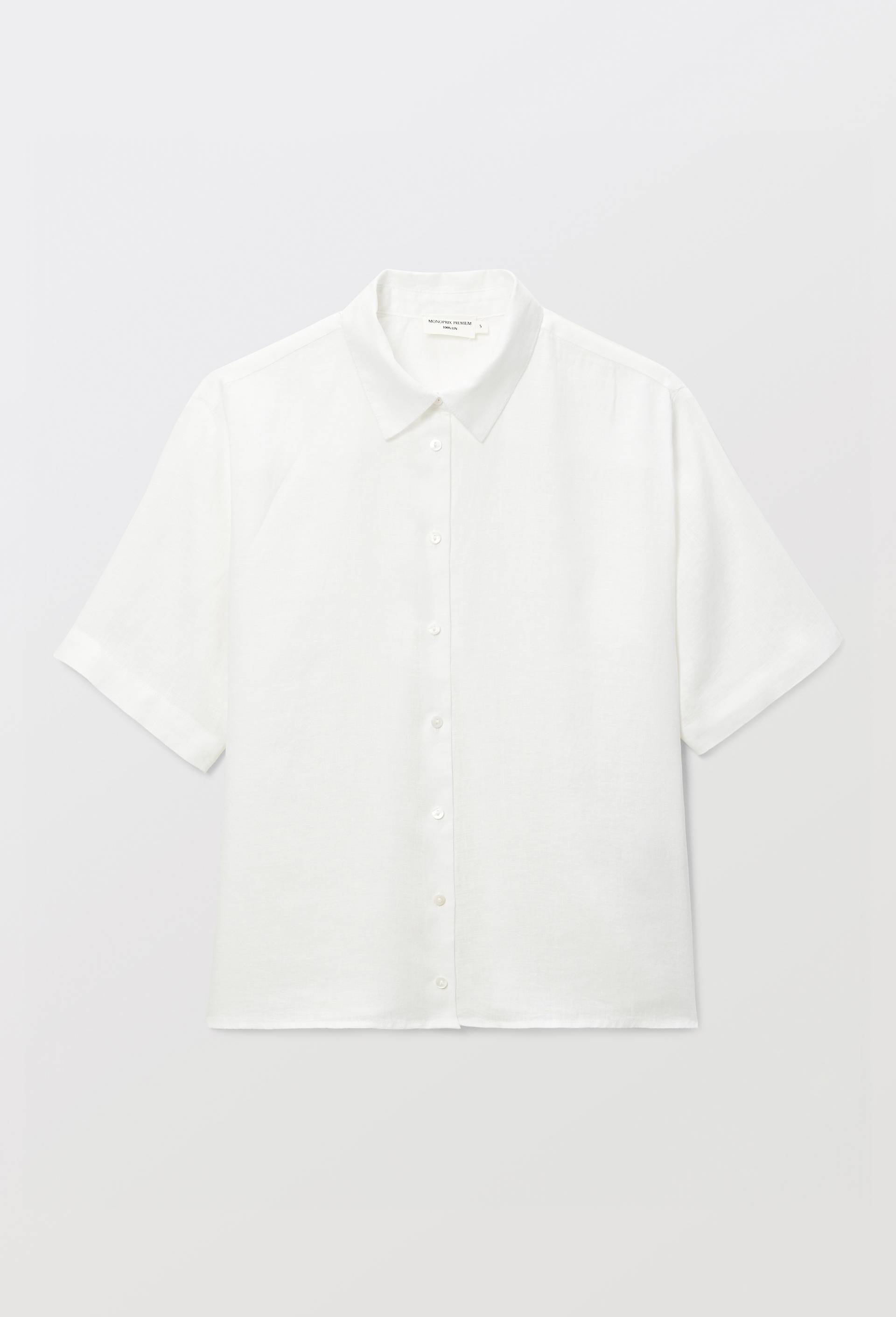 Chemise manches courtes unie en lin, Blanc, large image number 2.0