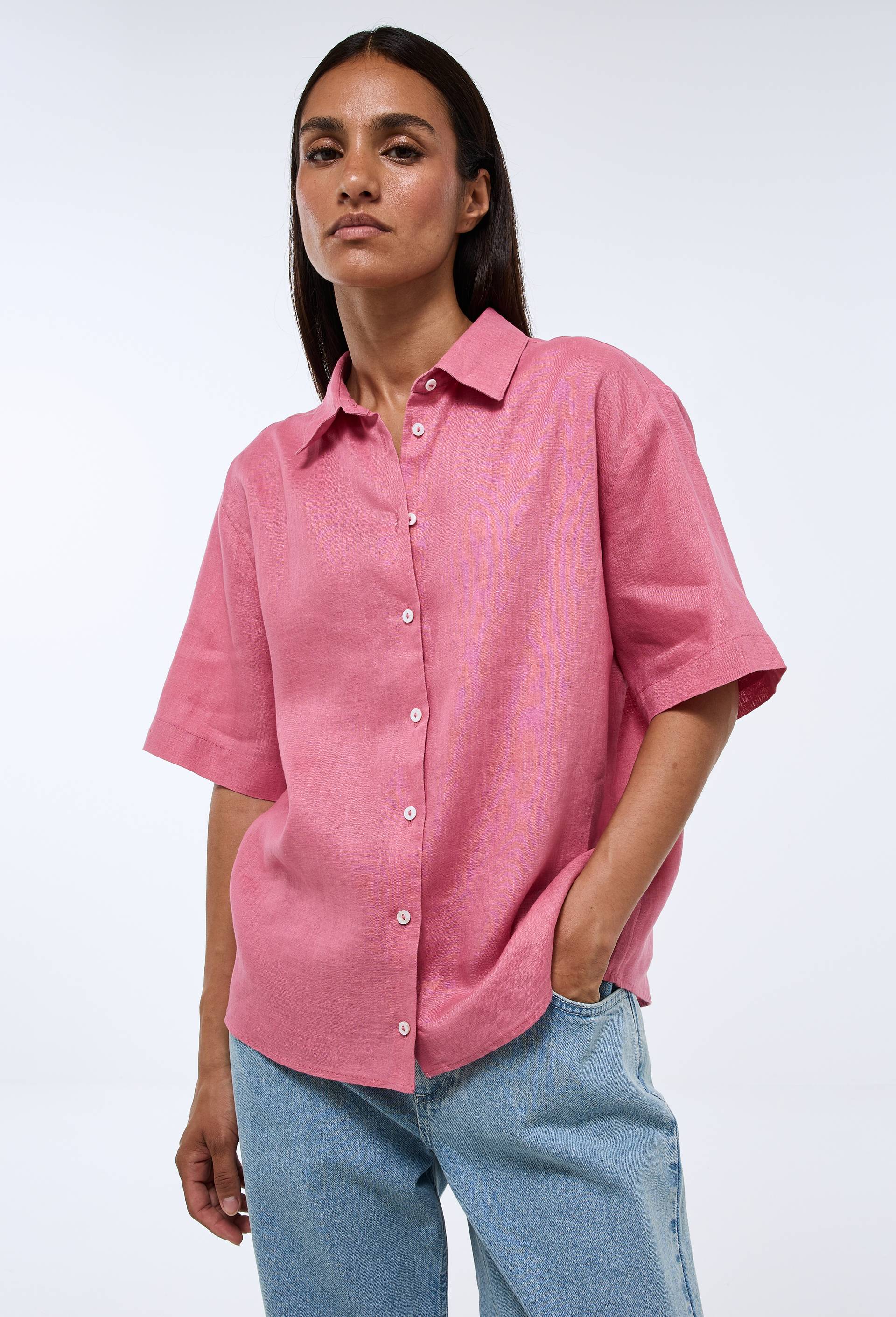 Chemise manches courtes unie en lin, Rose, large image number 0
