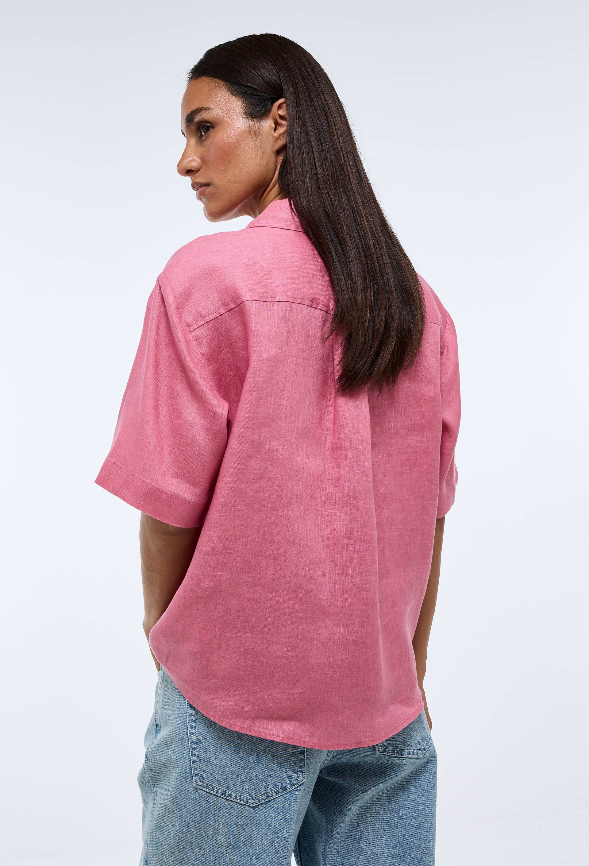 Chemise manches courtes unie en lin, Rose, large image number 1