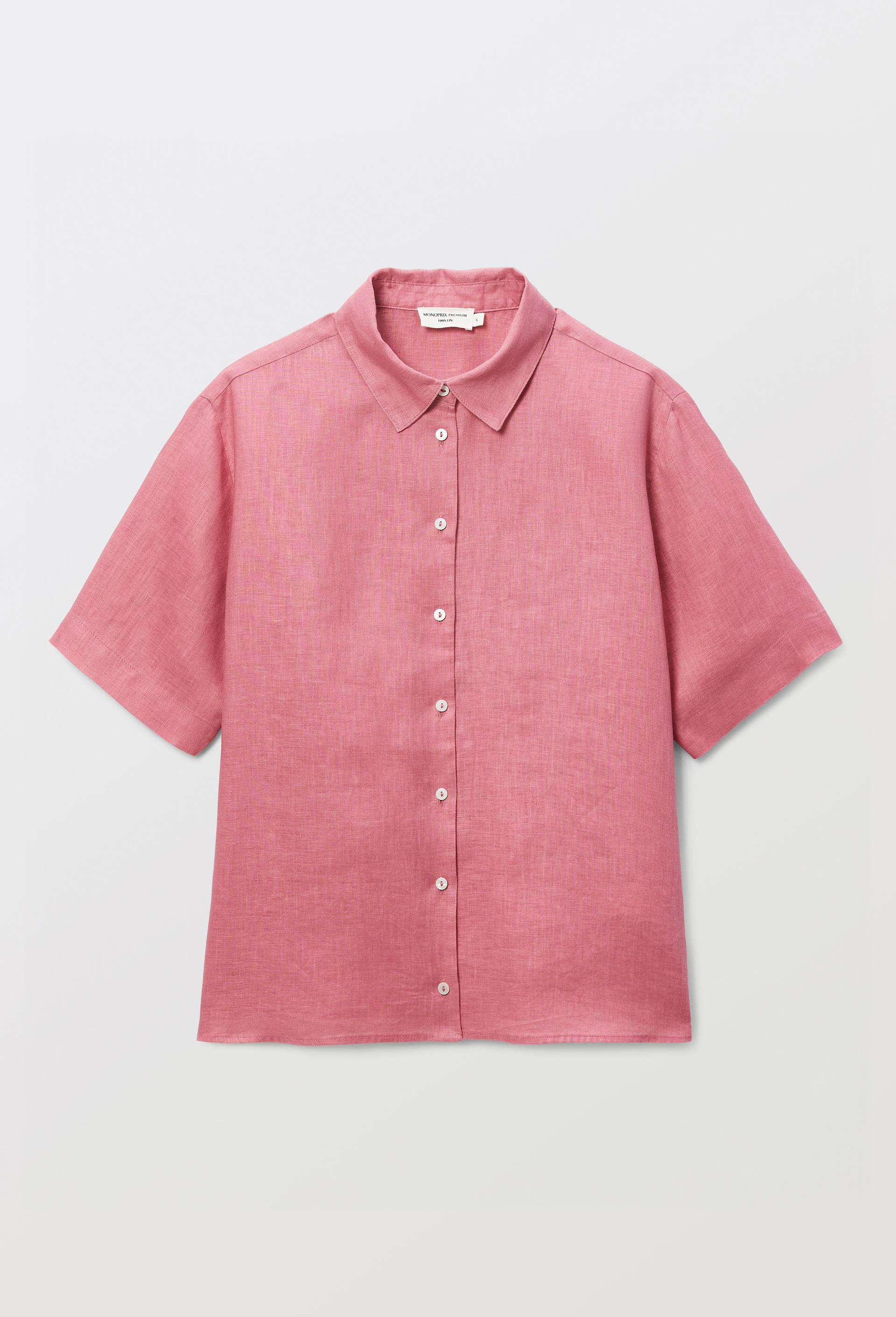 Chemise manches courtes unie en lin, Rose, large image number 2