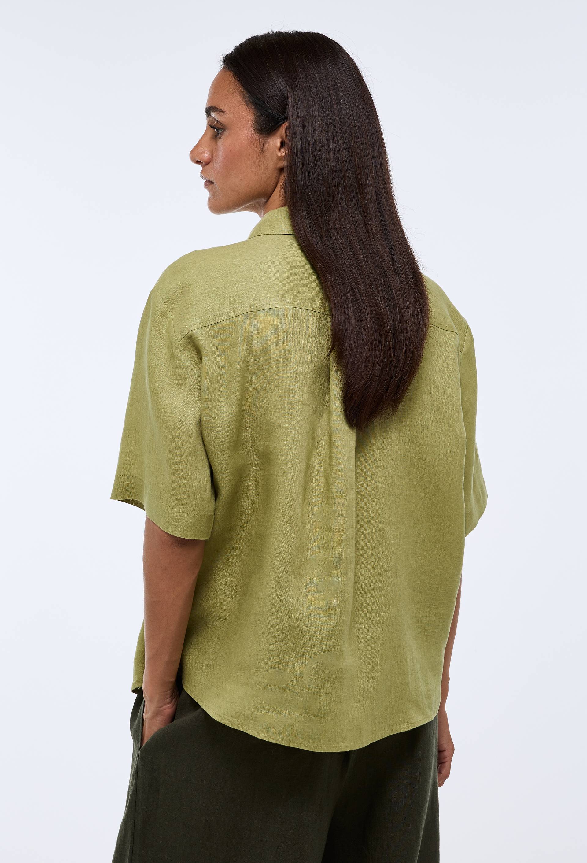 Chemise manches courtes unie en lin, Vert, large image number 2