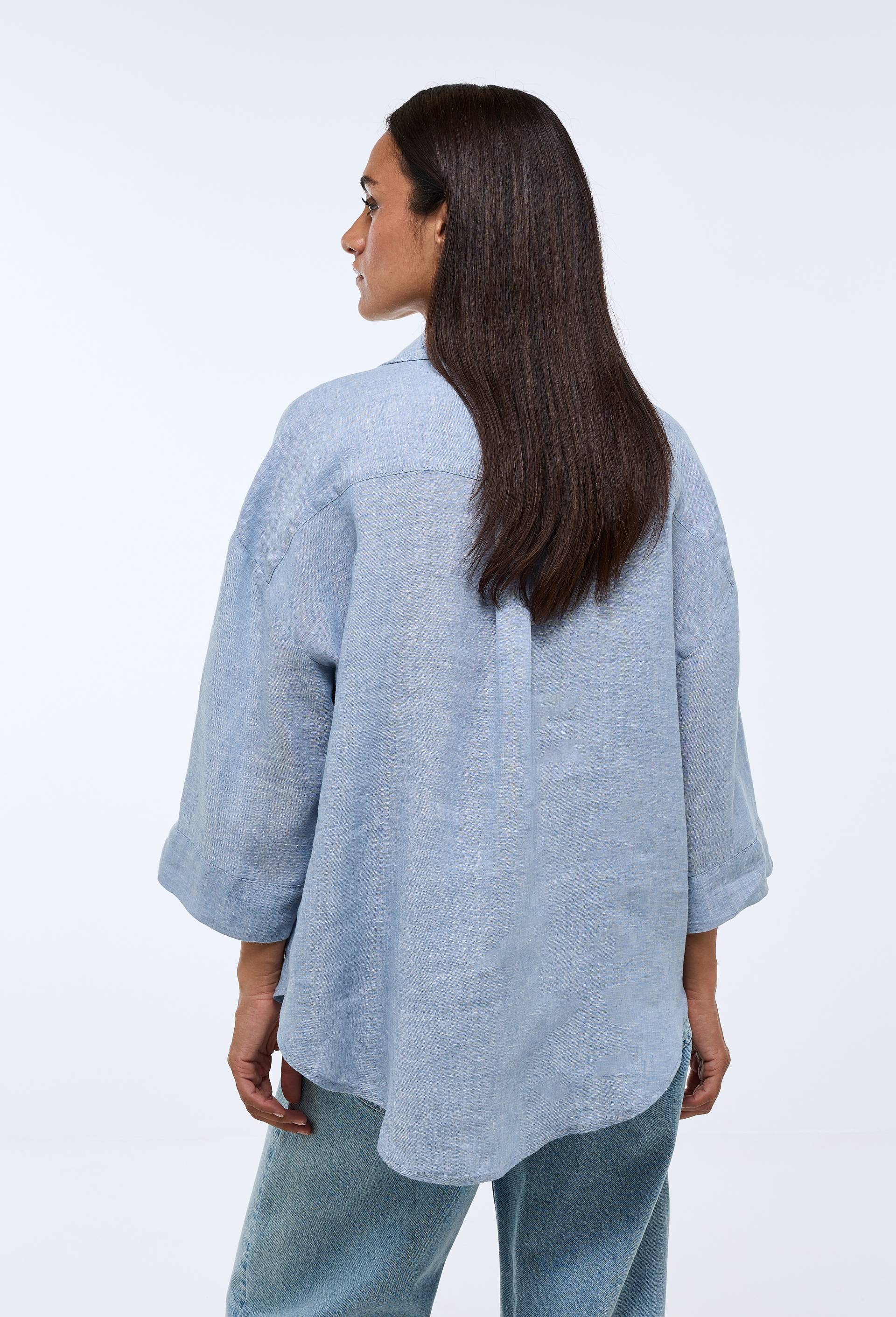 Blouse manches trois quarts unie en lin, Bleu, large image number 1