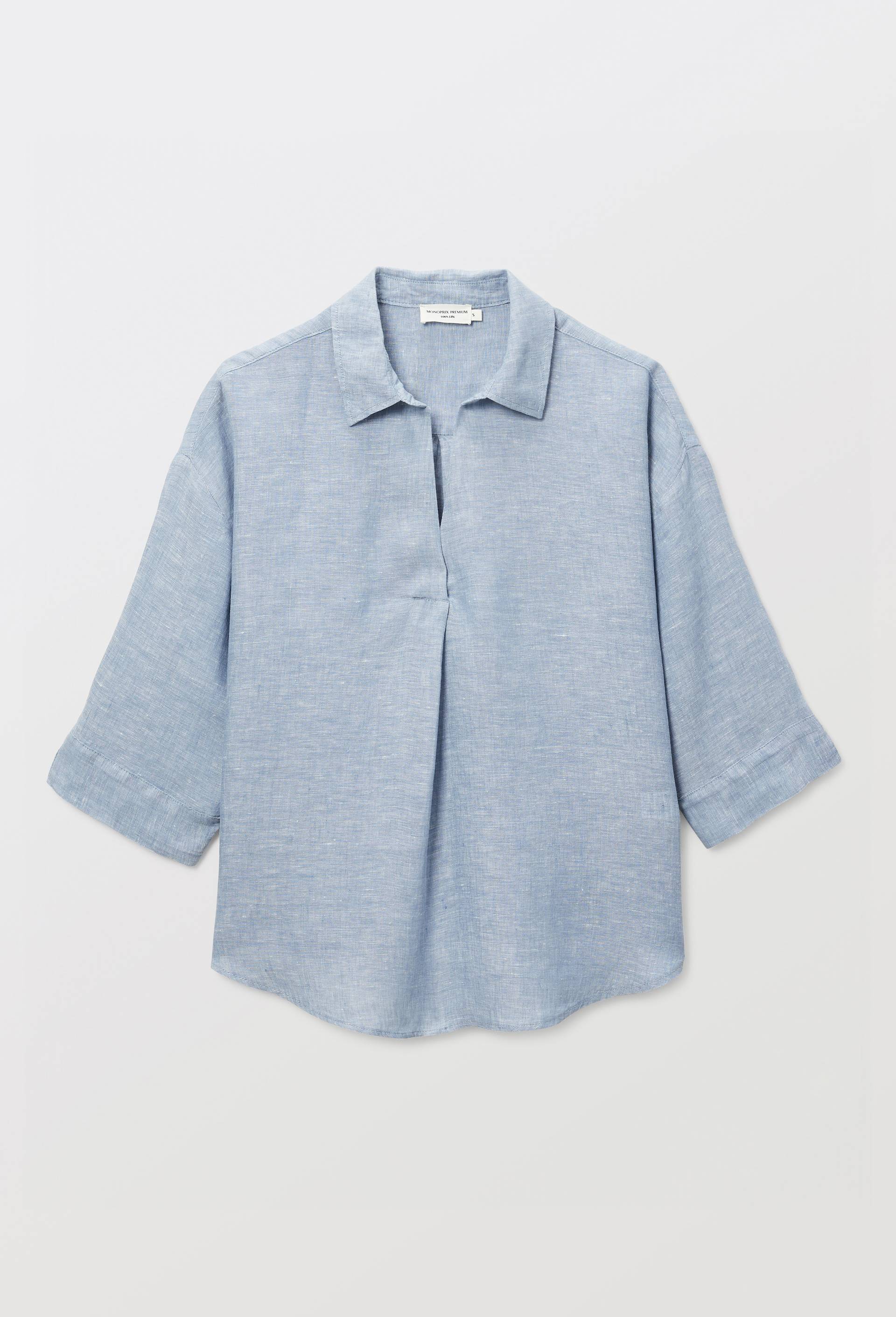 Blouse manches trois quarts unie en lin, Bleu, large image number 2.0