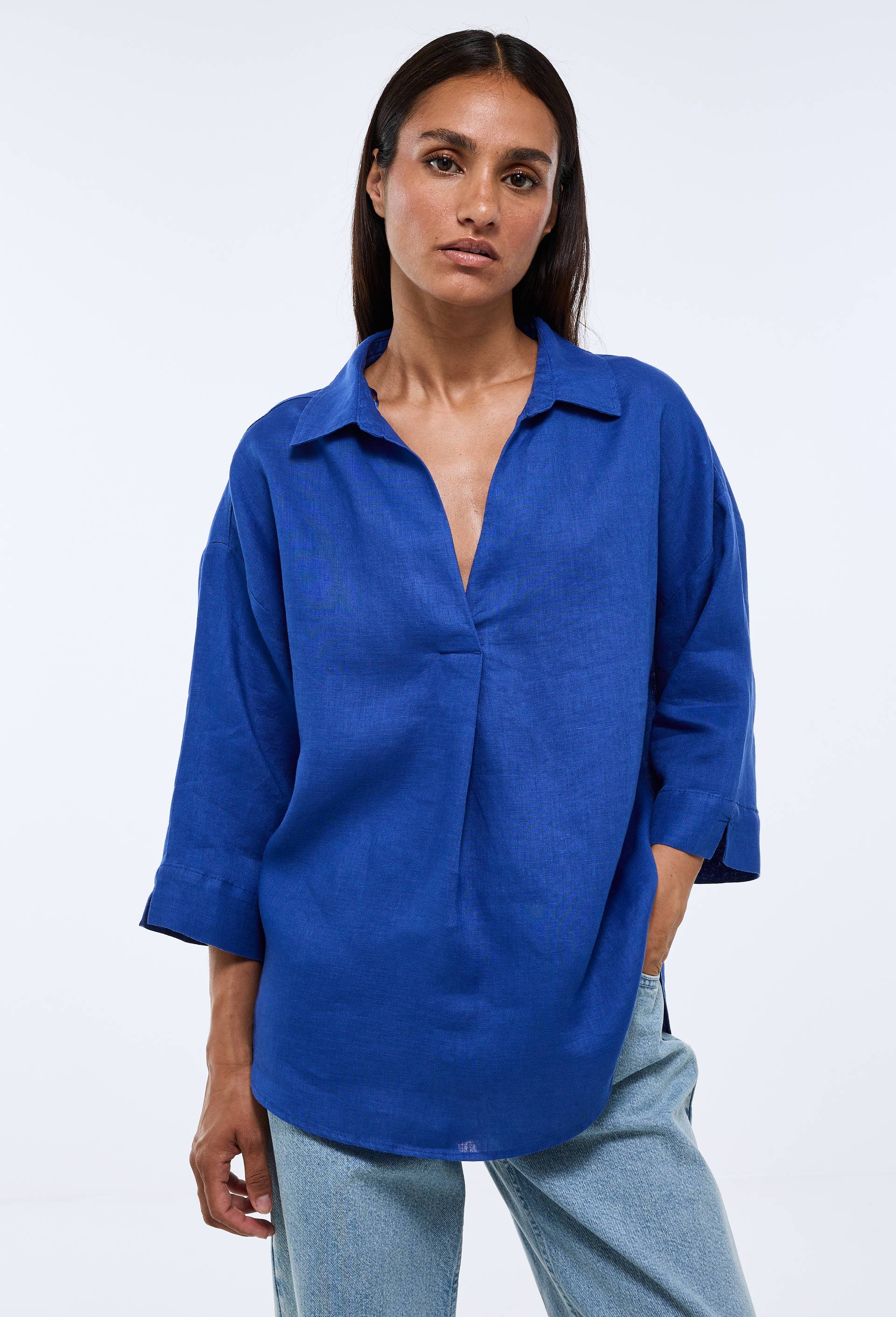 Blouse manches trois quarts unie en lin, Bleu, swatch image