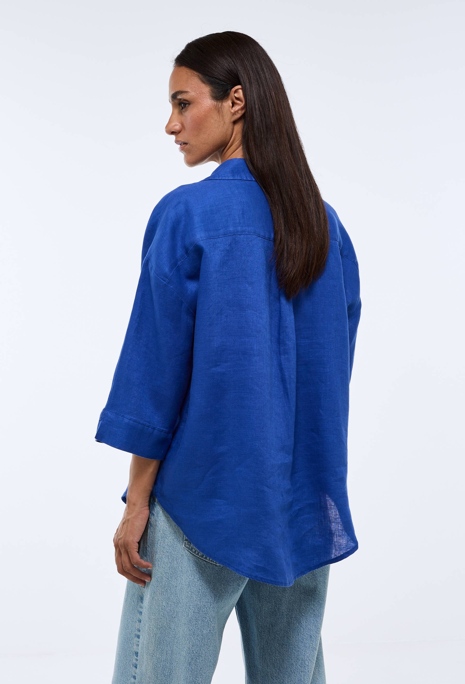 Blouse manches trois quarts unie en lin, Bleu, large image number 1