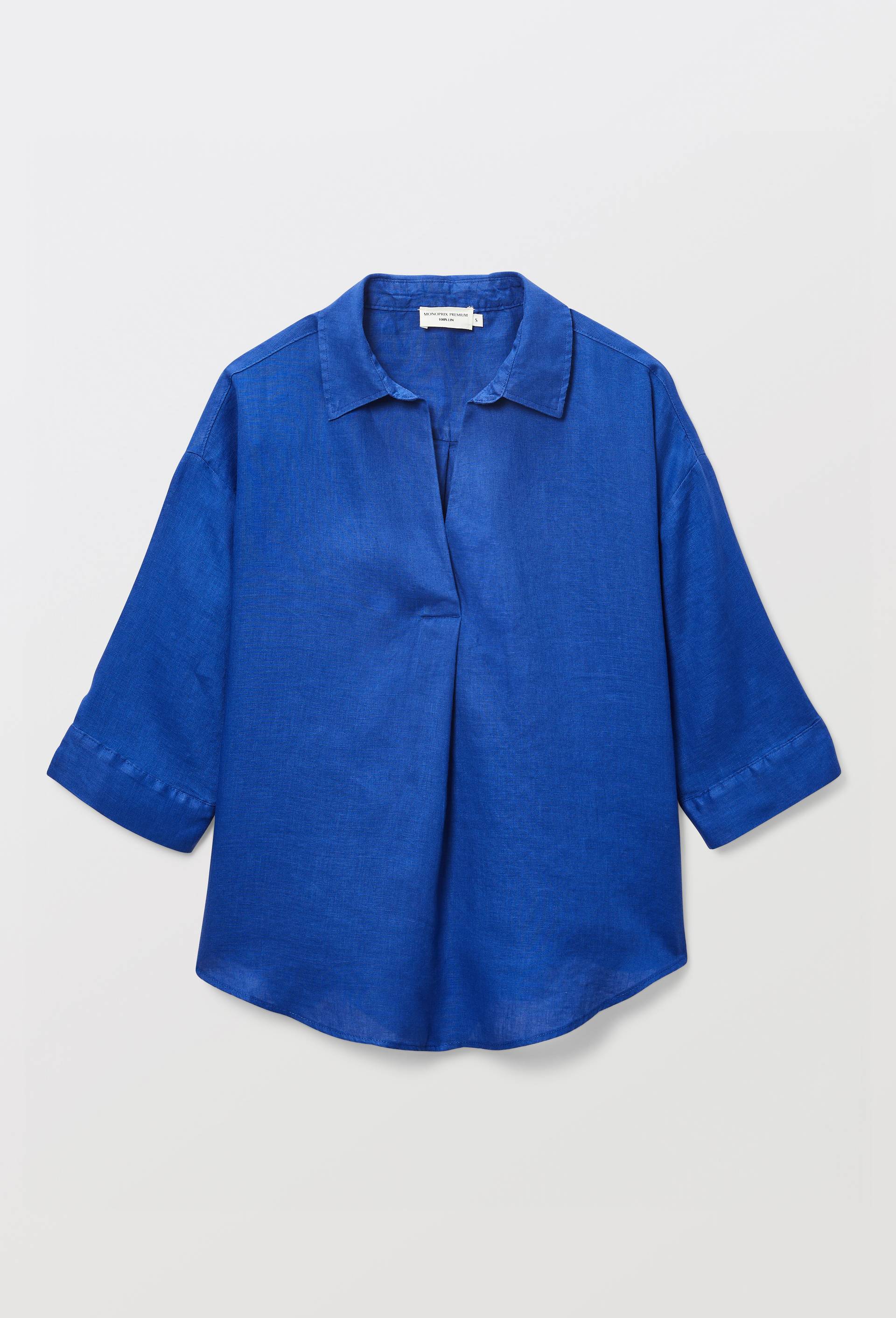 Blouse manches trois quarts unie en lin, Bleu, large image number 2