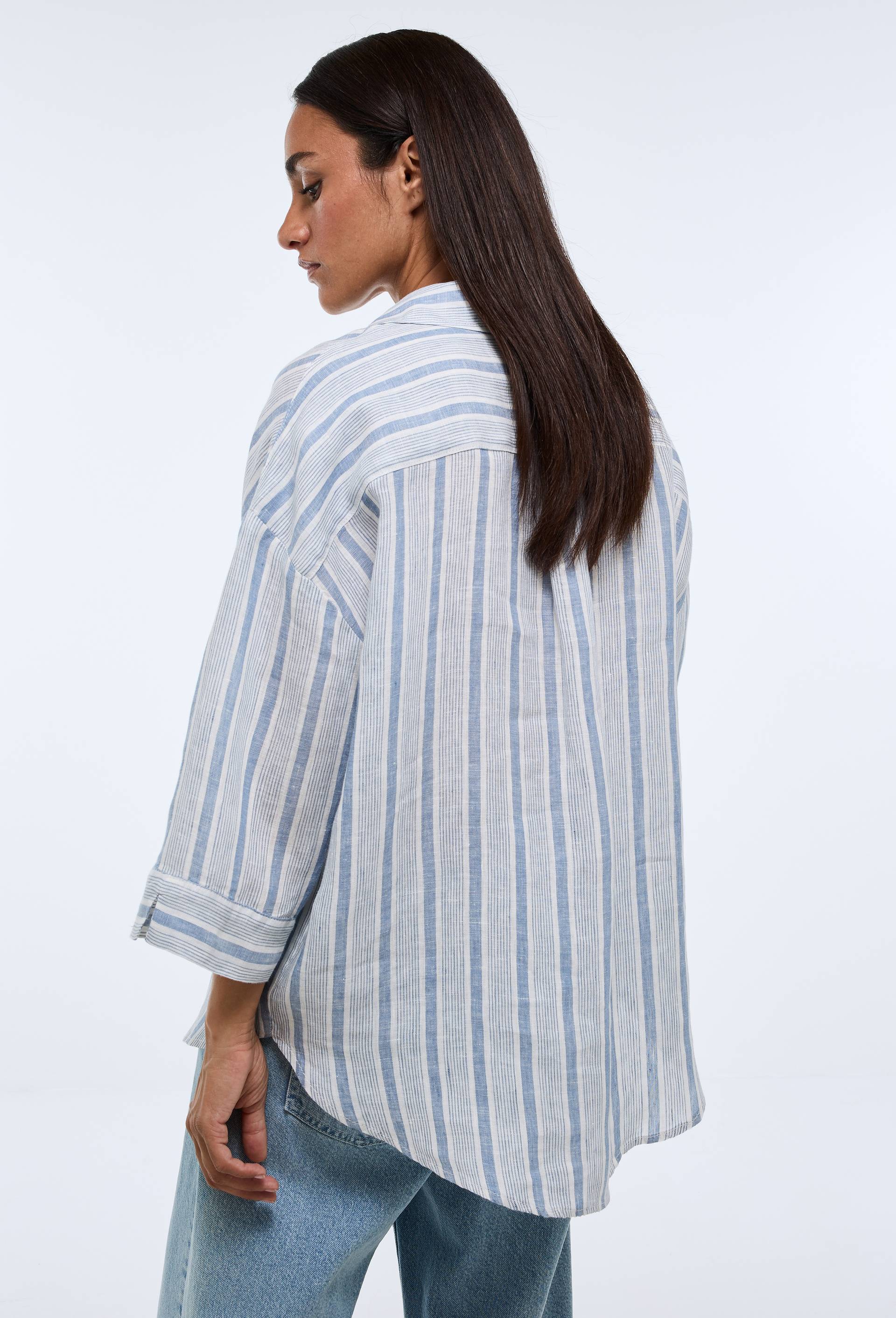 Blouse manches trois quarts ray&eacute;e en lin, Bleu, large image number 1