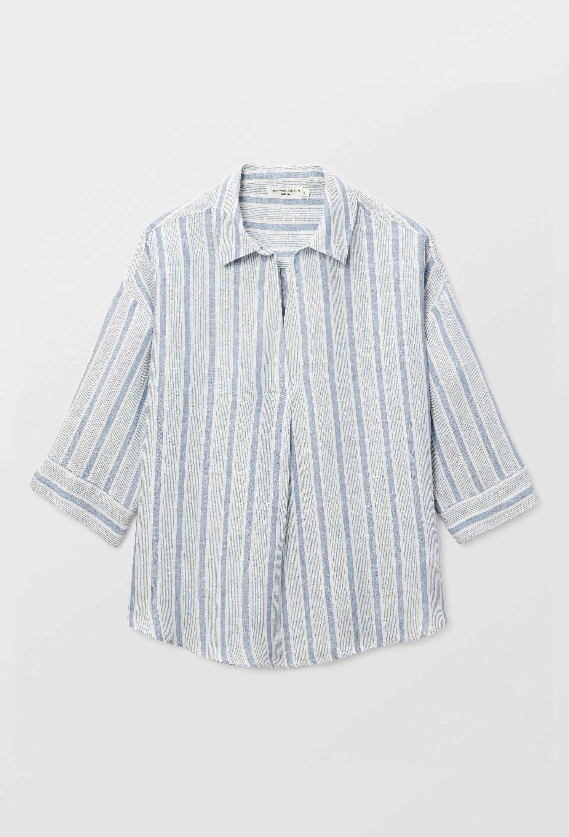 Blouse manches trois quarts ray&eacute;e en lin, Bleu, large image number 2