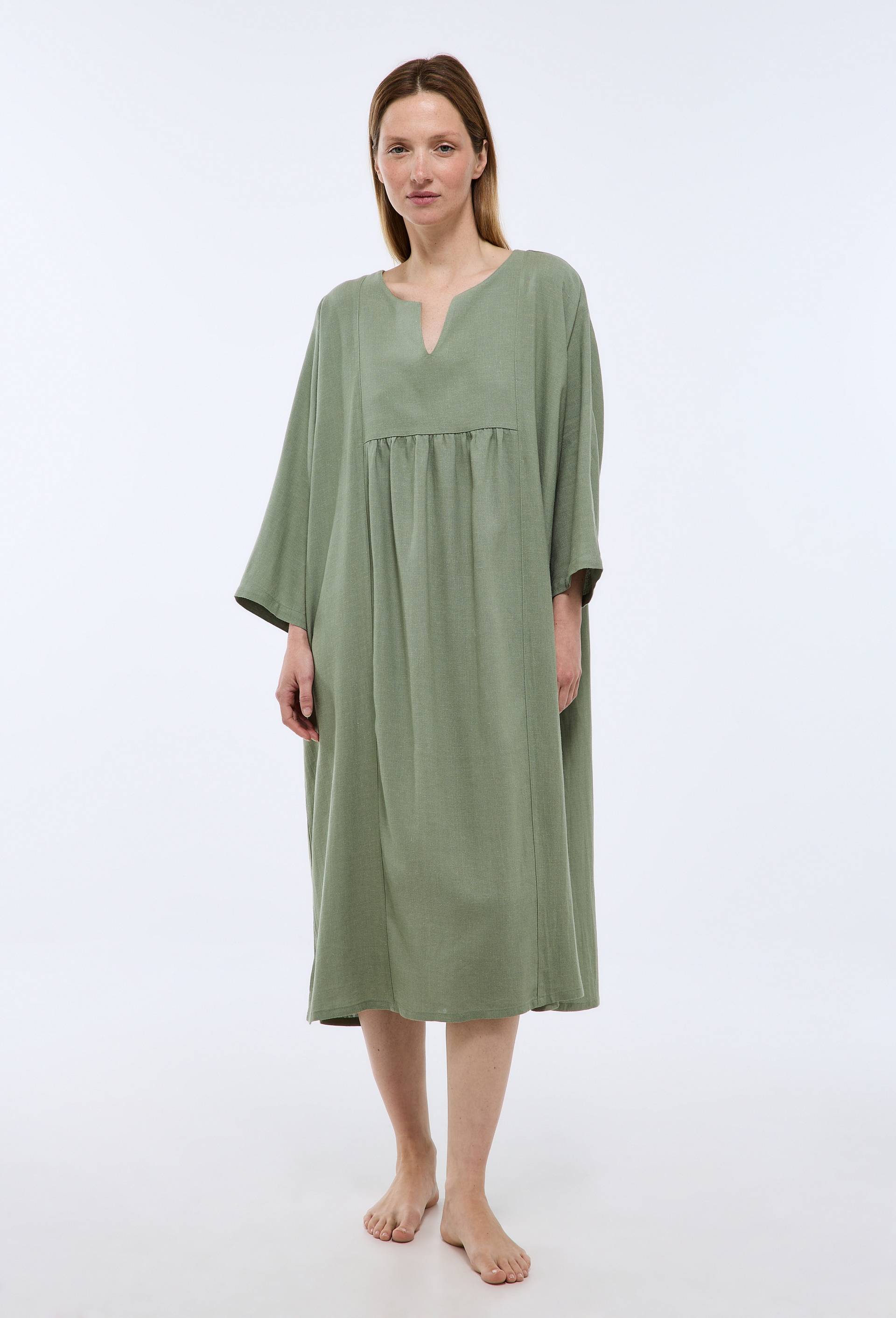 Chemise de nuit unie &agrave; manches courtes en viscose et lin, Vert fonc&eacute;, large image number 0