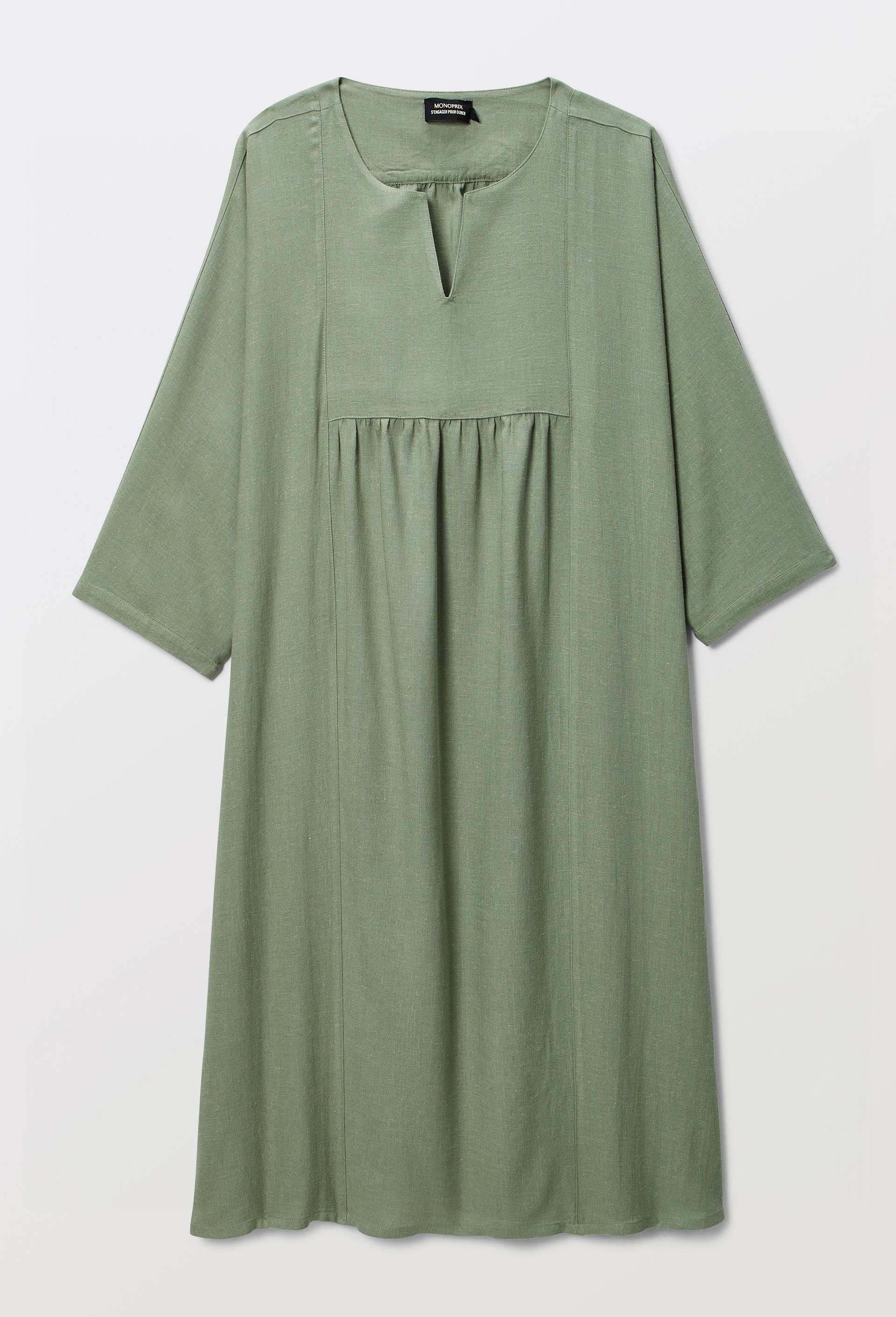 Chemise de nuit unie &agrave; manches courtes en viscose et lin, Vert fonc&eacute;, large image number 2