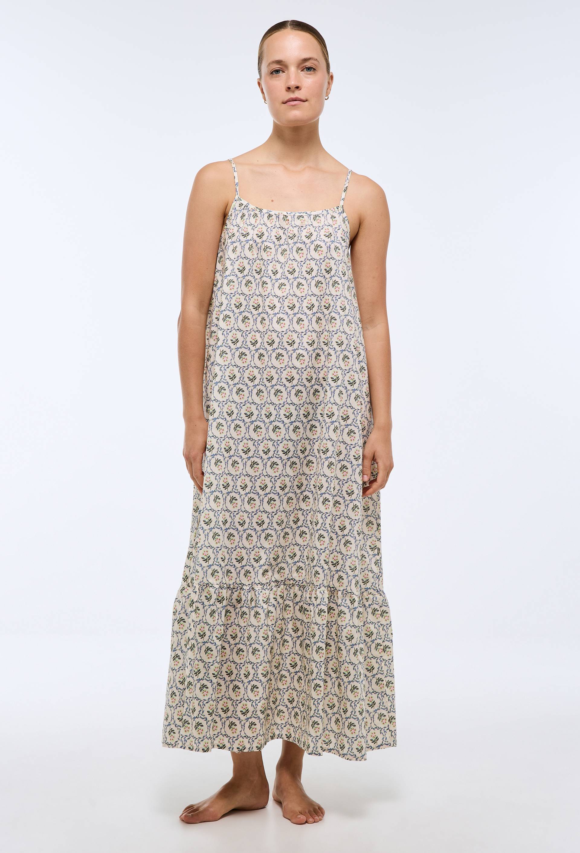 Chemise de nuit longue fines bretelles ray&eacute;e en coton BIO GOTS, Beige clair, large image number 0