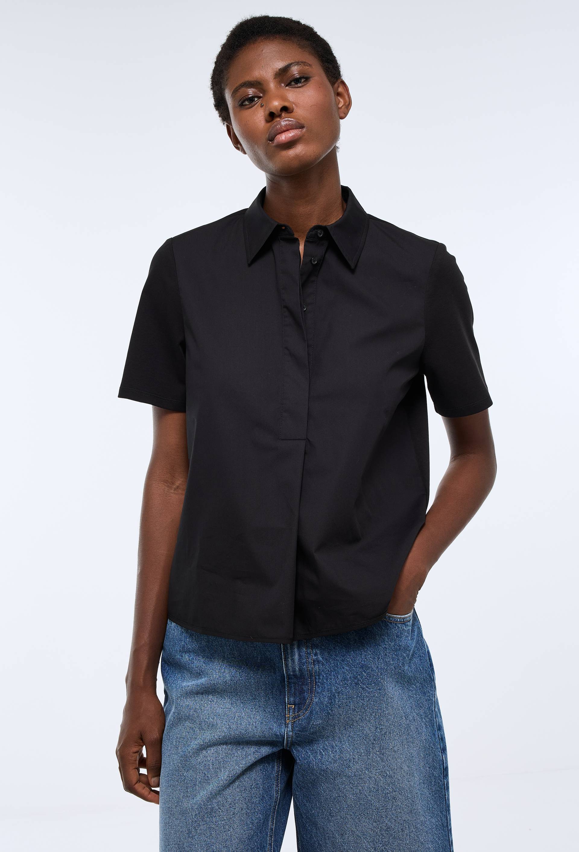 Chemise polo manches courtes en coton bi-mati&egrave;re, Noir, large image number 0