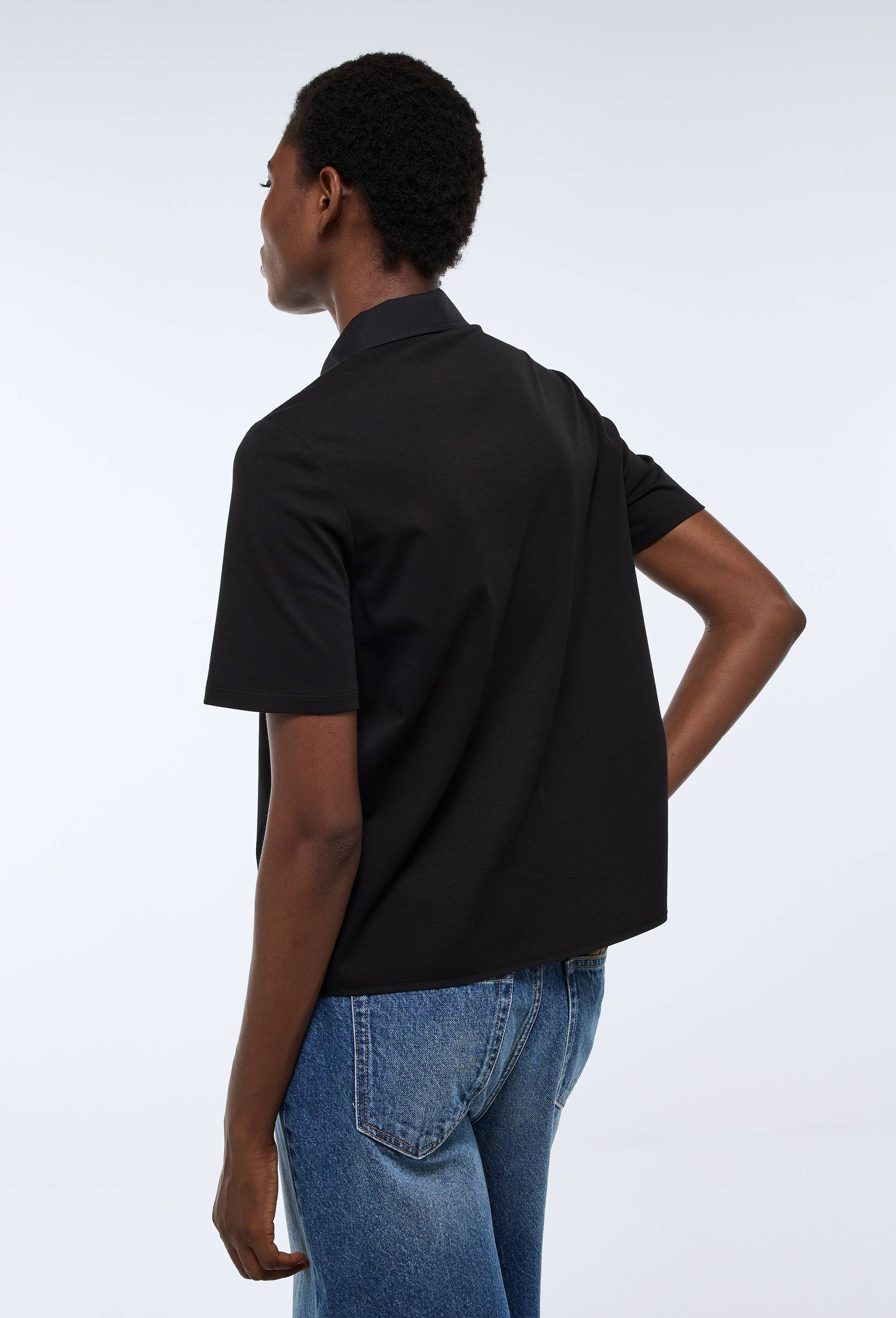 Chemise polo manches courtes en coton bi-mati&egrave;re, Noir, large image number 1.0