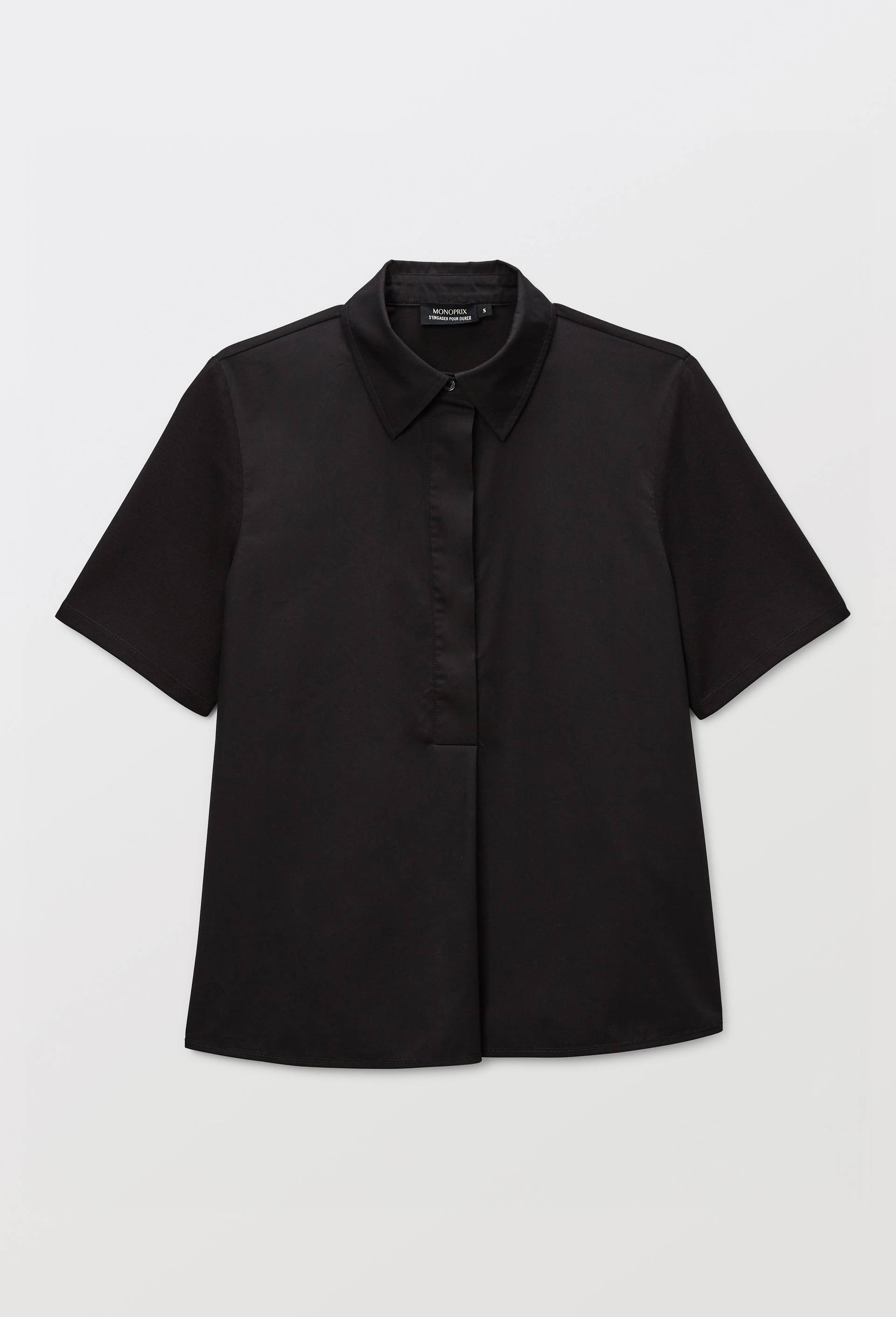 Chemise polo manches courtes en coton bi-mati&egrave;re, Noir, large image number 2.0